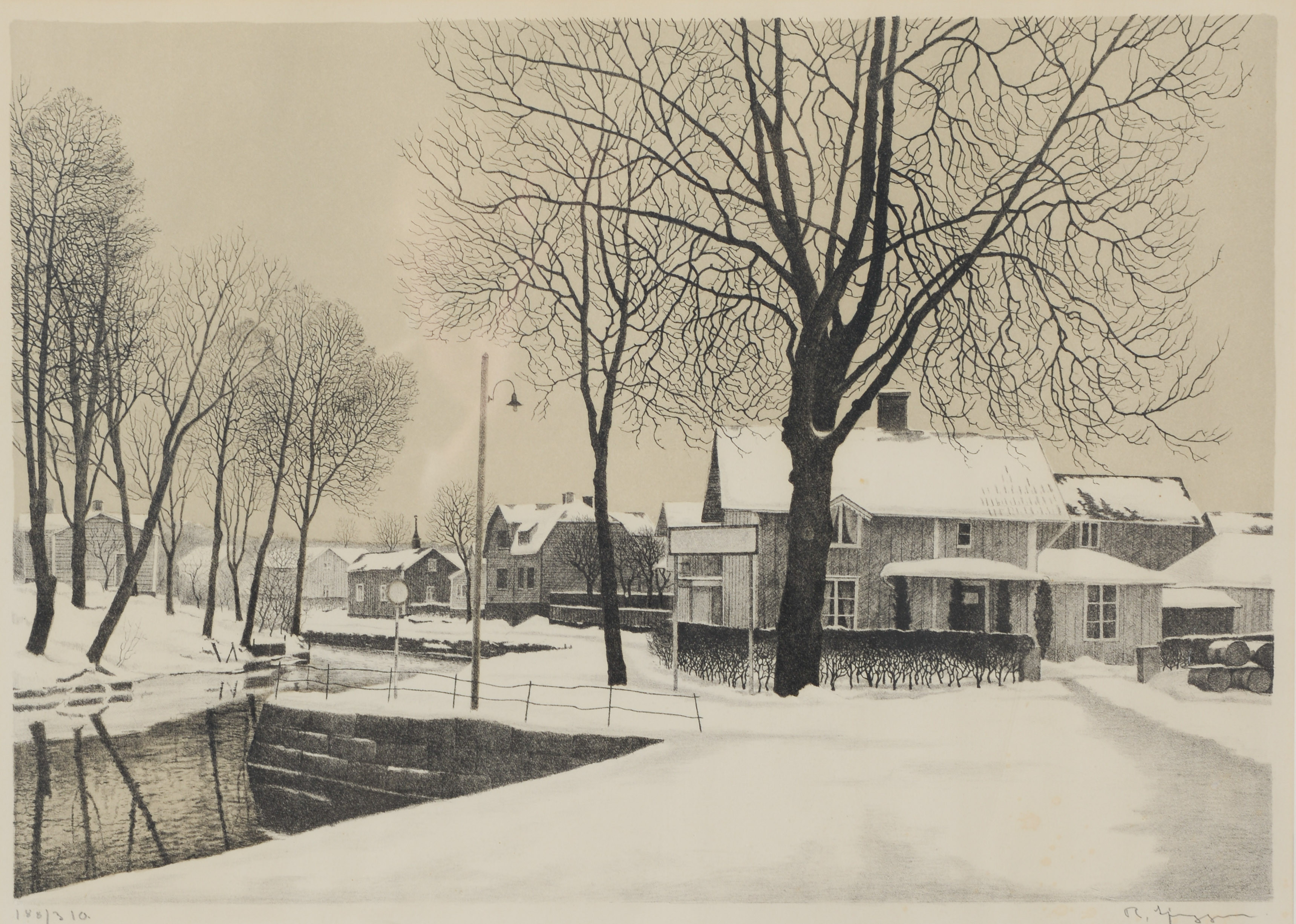 REINHOLD LJUNGGREN. Stadsbild vid kanal, litografi, signerad, numrerad 188/310.
