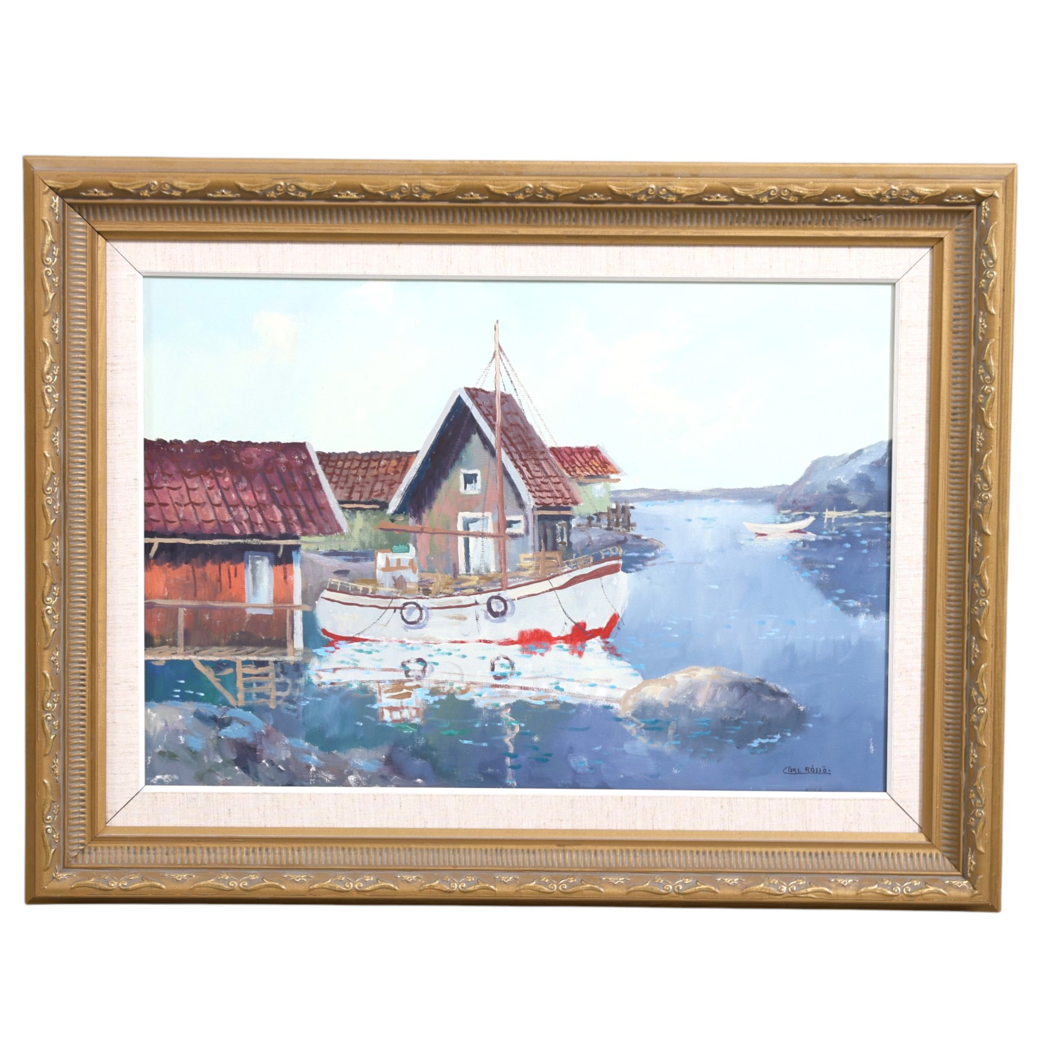 CARL RÅSSÖ. Båthamn, olja på duk, signerad.