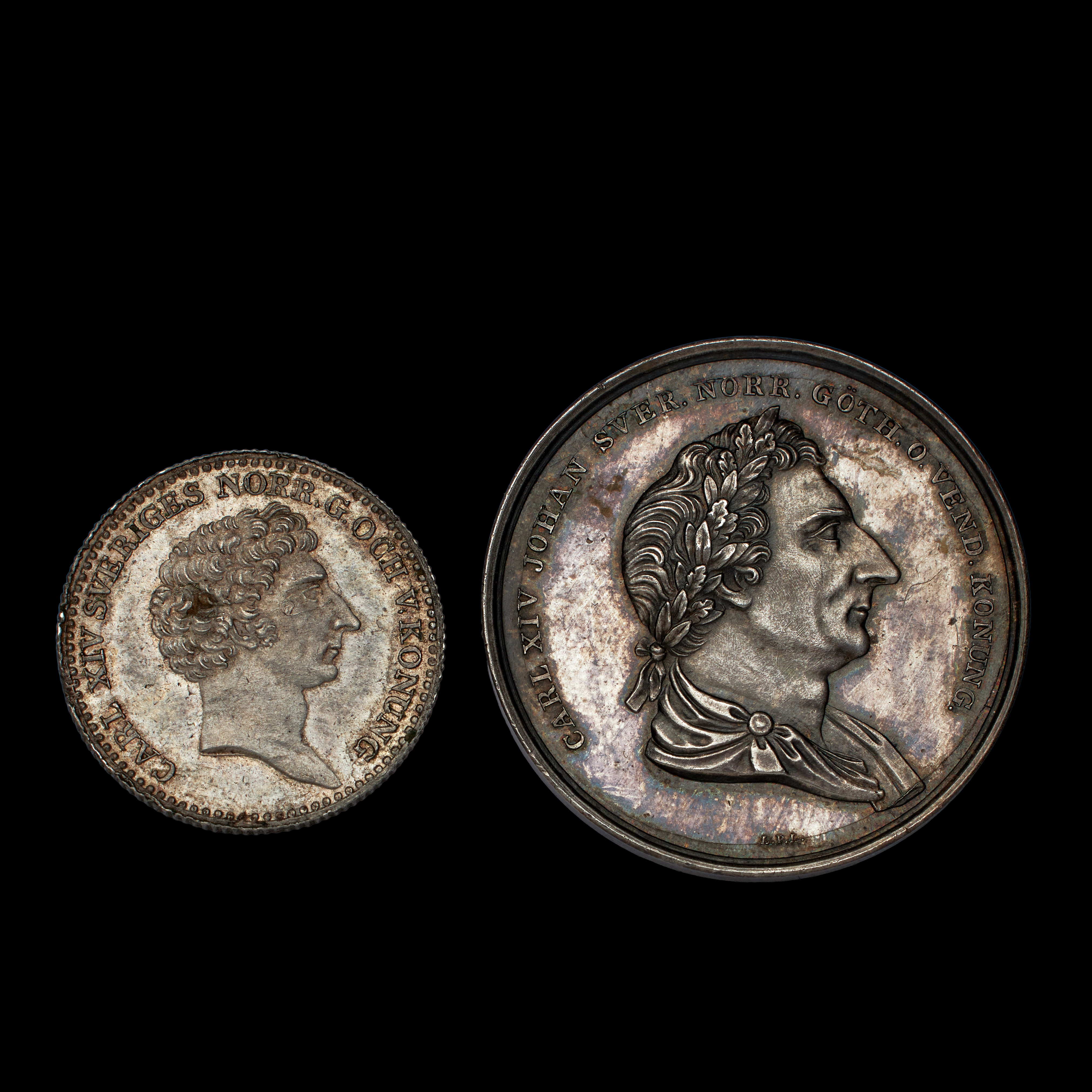 SILVERMYNT-MEDALJ, 2 st, Karl XIV Johan, 1/6 riksdaler 1829 samt minnesmedalj 1844.