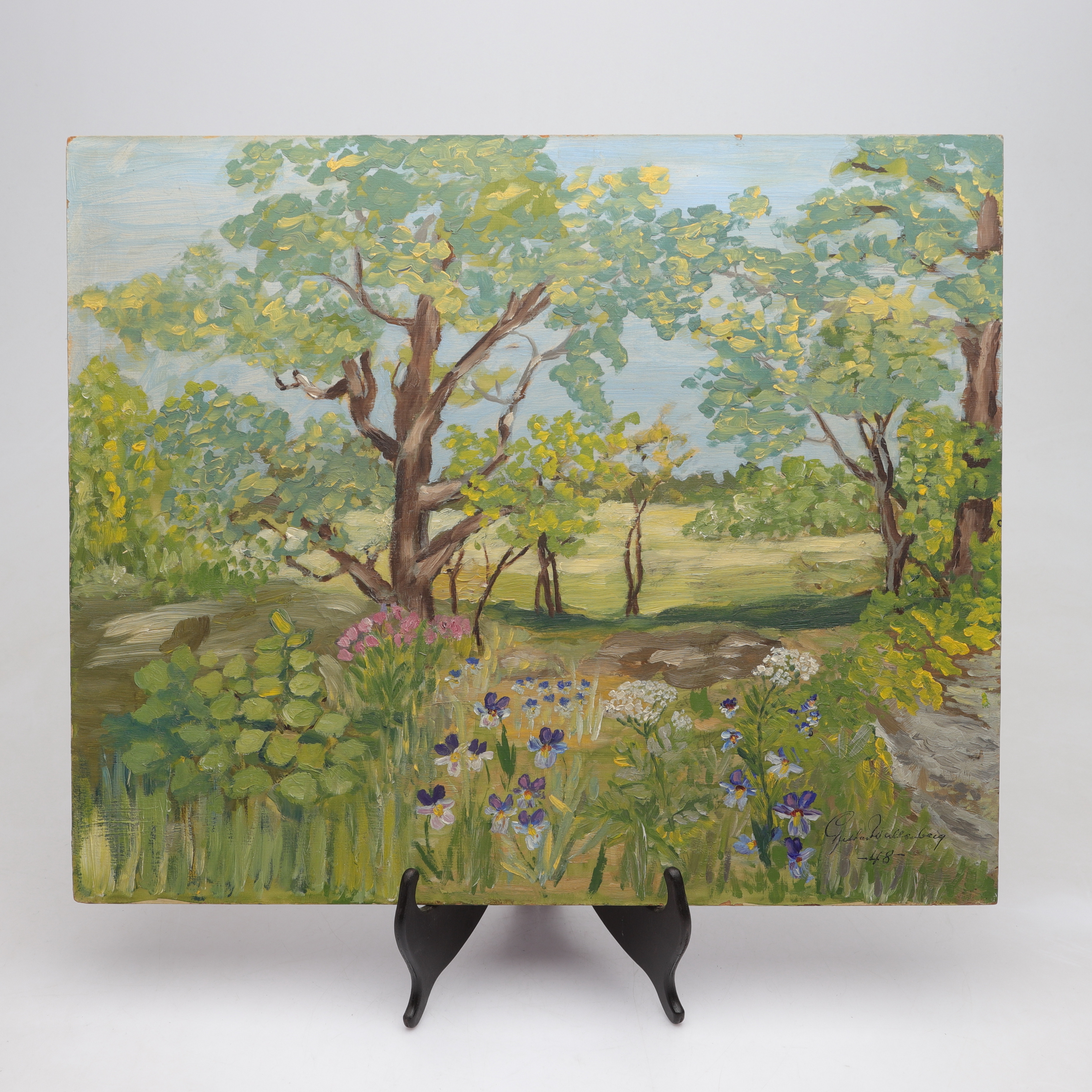 OIDENTIFIERAD KONSTNÄR, olja på pannå, landskapsmotiv, signerad Gustav Wallenberg och daterad - 48.