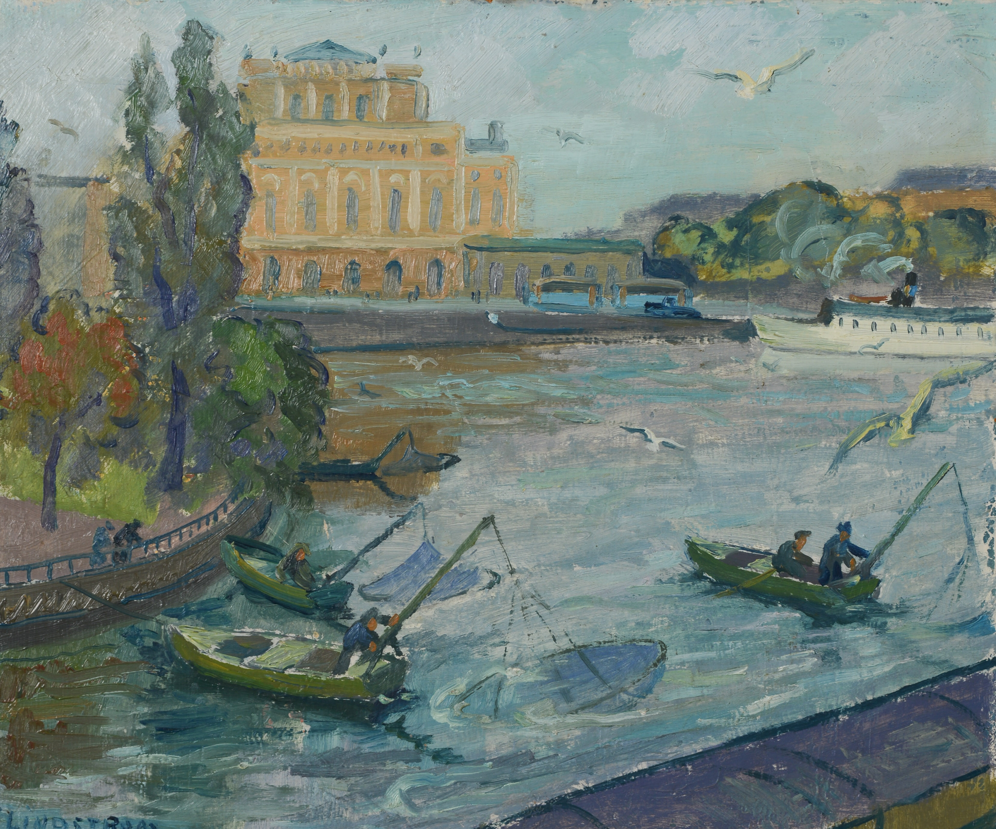 OIDENTIFIERAD KONSTNÄR. Kungliga Operan Stockholm, olja på pannå, signerad S. Lindström.