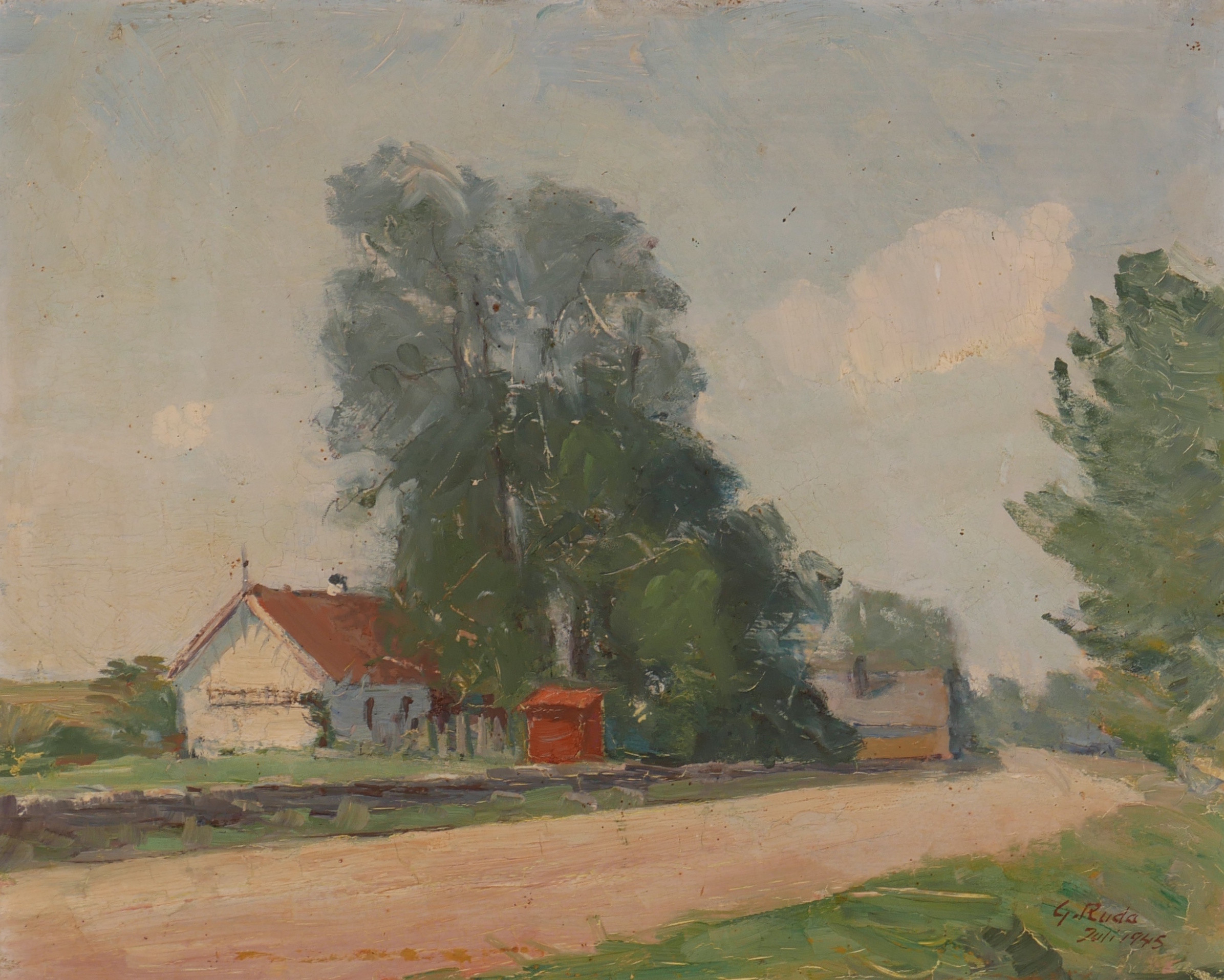GUNNAR RUDA. Landskap med hus och väg, olja på pannå, signerad G. Ruda Juli 1945.
