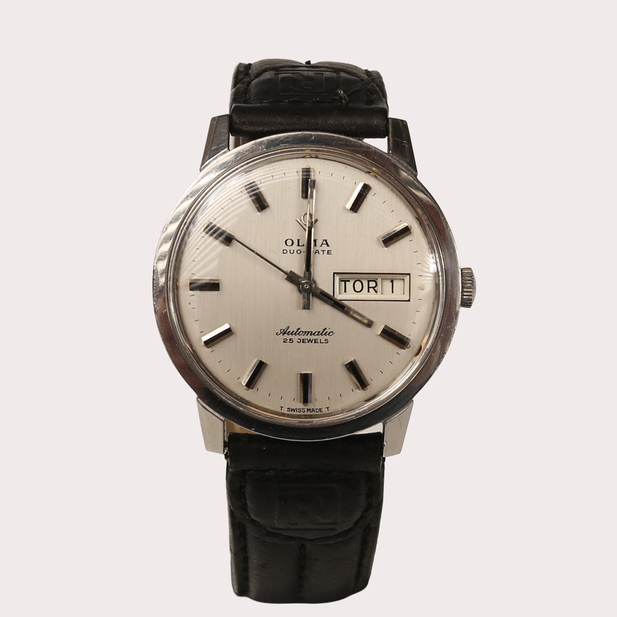 ARMBANDSUR, Olma Duo Date stål med läderband.