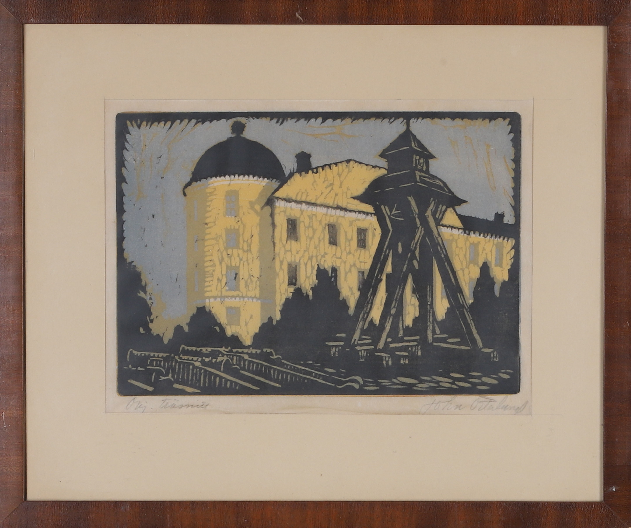 JOHN ÖSTERLUND. Träsnitt, motiv från Uppsala slott, Gunillaklockan, signerad.