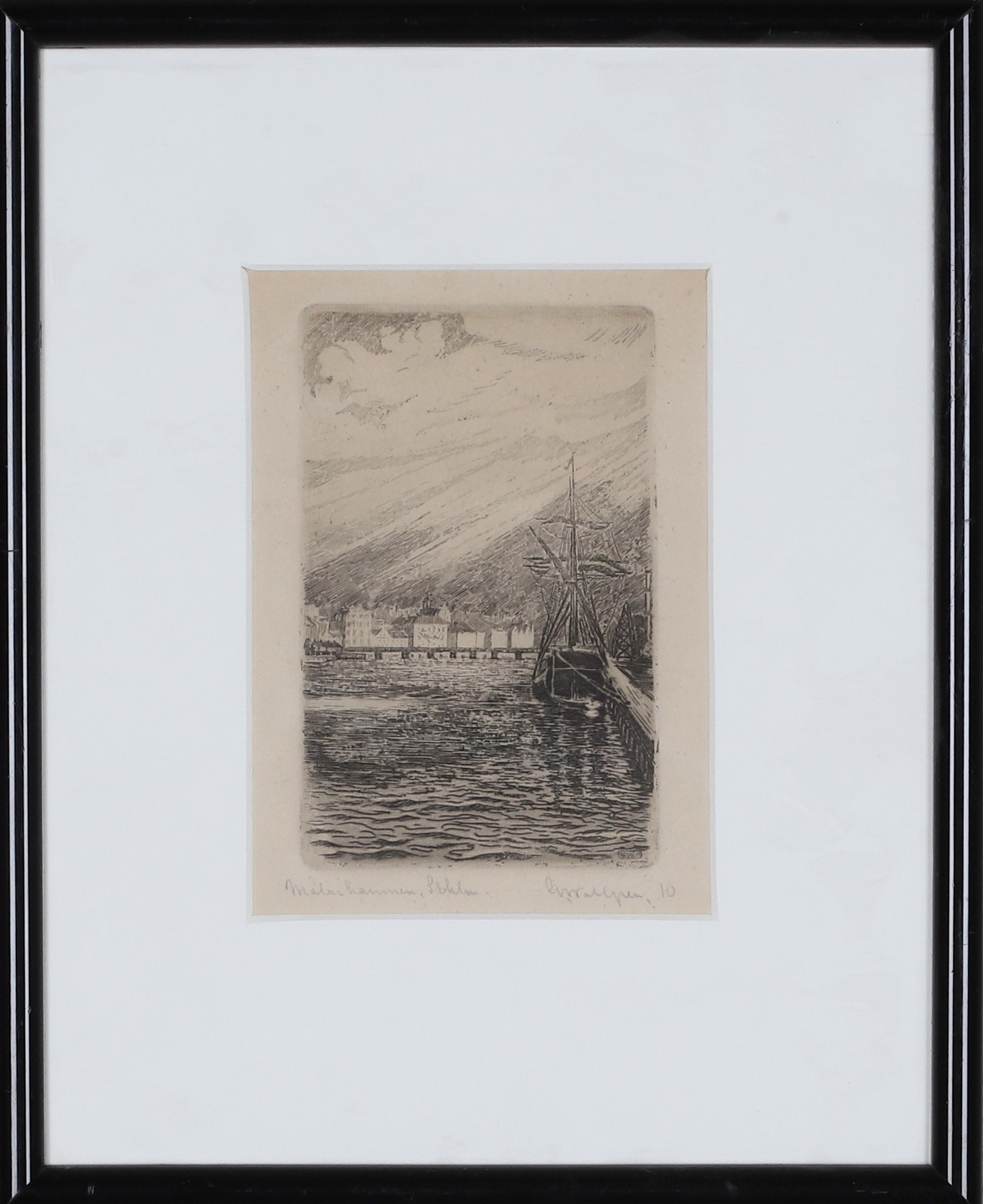 GUNNAR WALLGREN. ( 1883-1953), Etsning, "Mälarhamnen Stockholm", Stockholmsmotiv, signerad och daterad 1910.