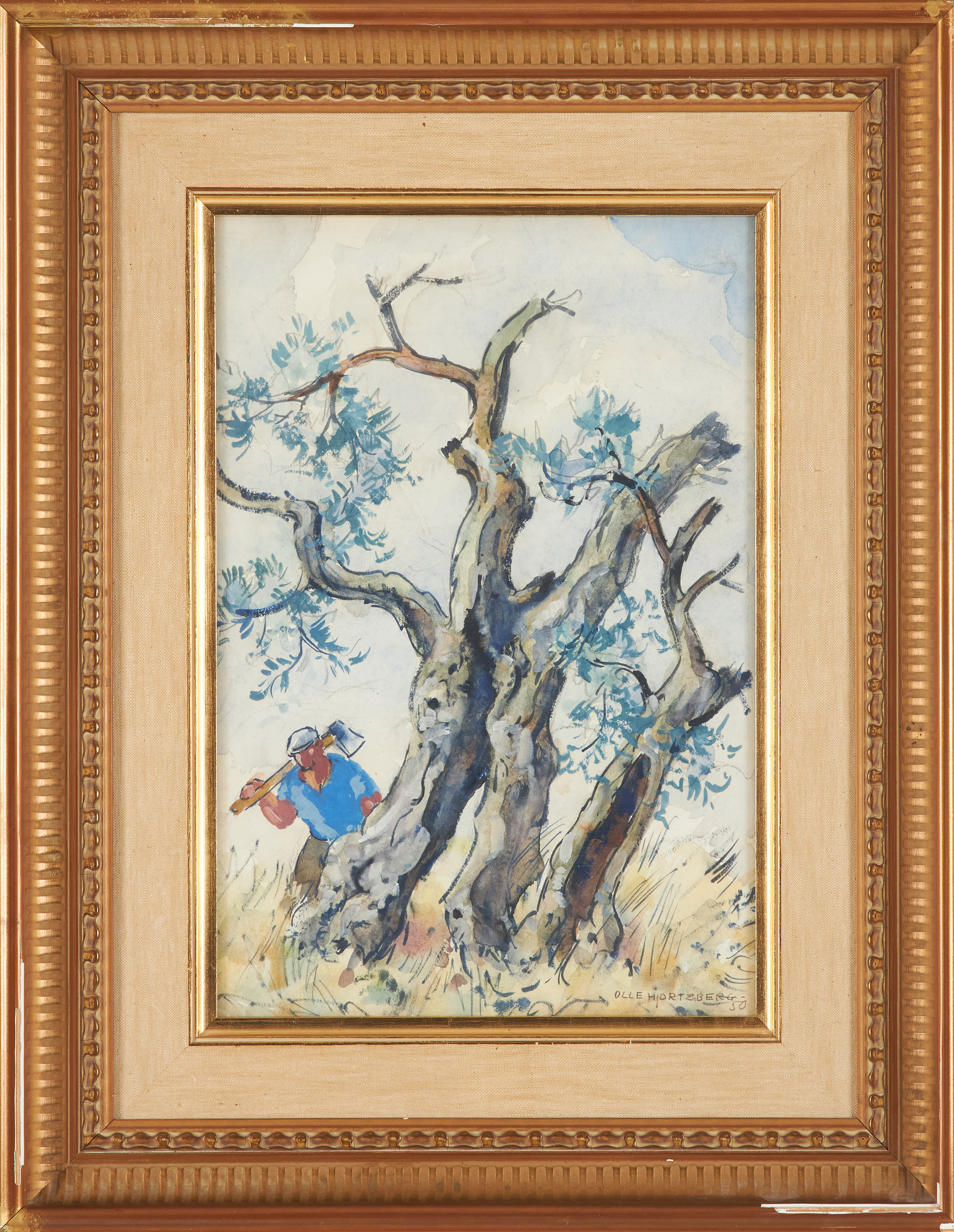 OLLE HJORTZBERG. Komposition med skogshuggare, blandteknik på papper, signerad, daterad -50.