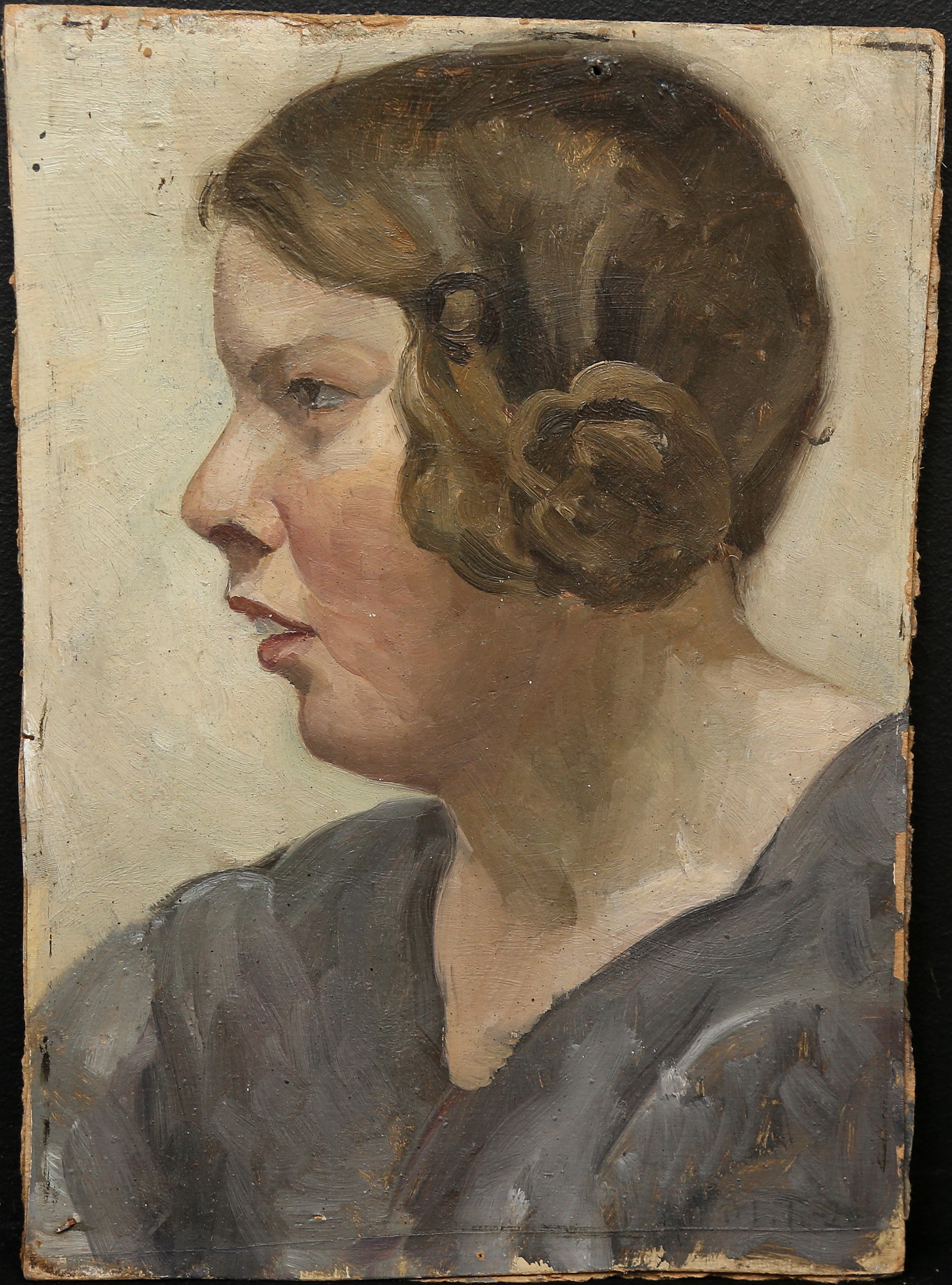 OIDENTIFIERAD KONSTNÄR. olja på pannå, porträtt, signerad M.T. 24.