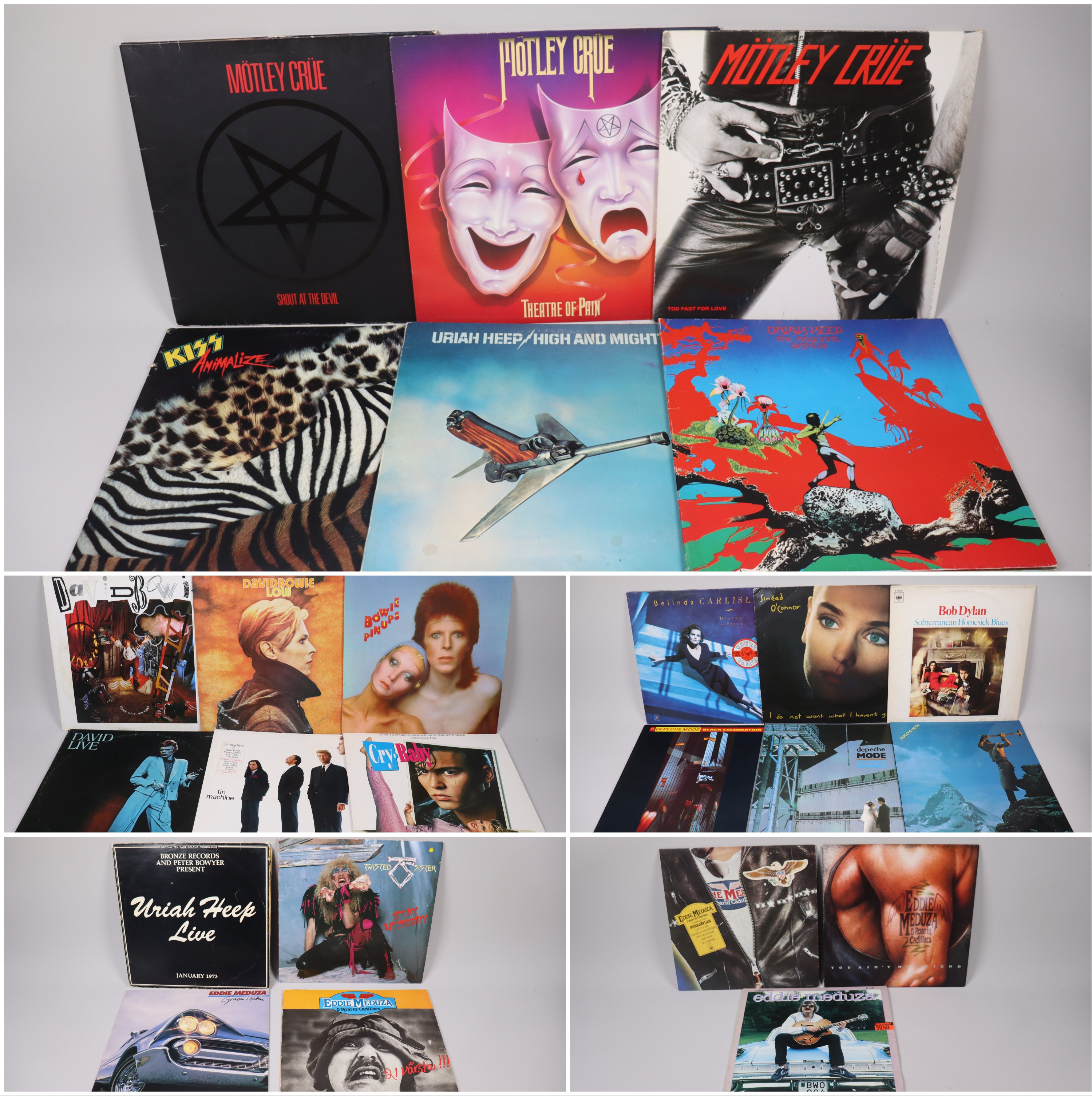 VINYLSKIVOR, 25 st, Mötley Crue, Uriah Heep, Kiss, David Bowie, Bob Dylan, Depeche Mode, Eddie Meduza mm.