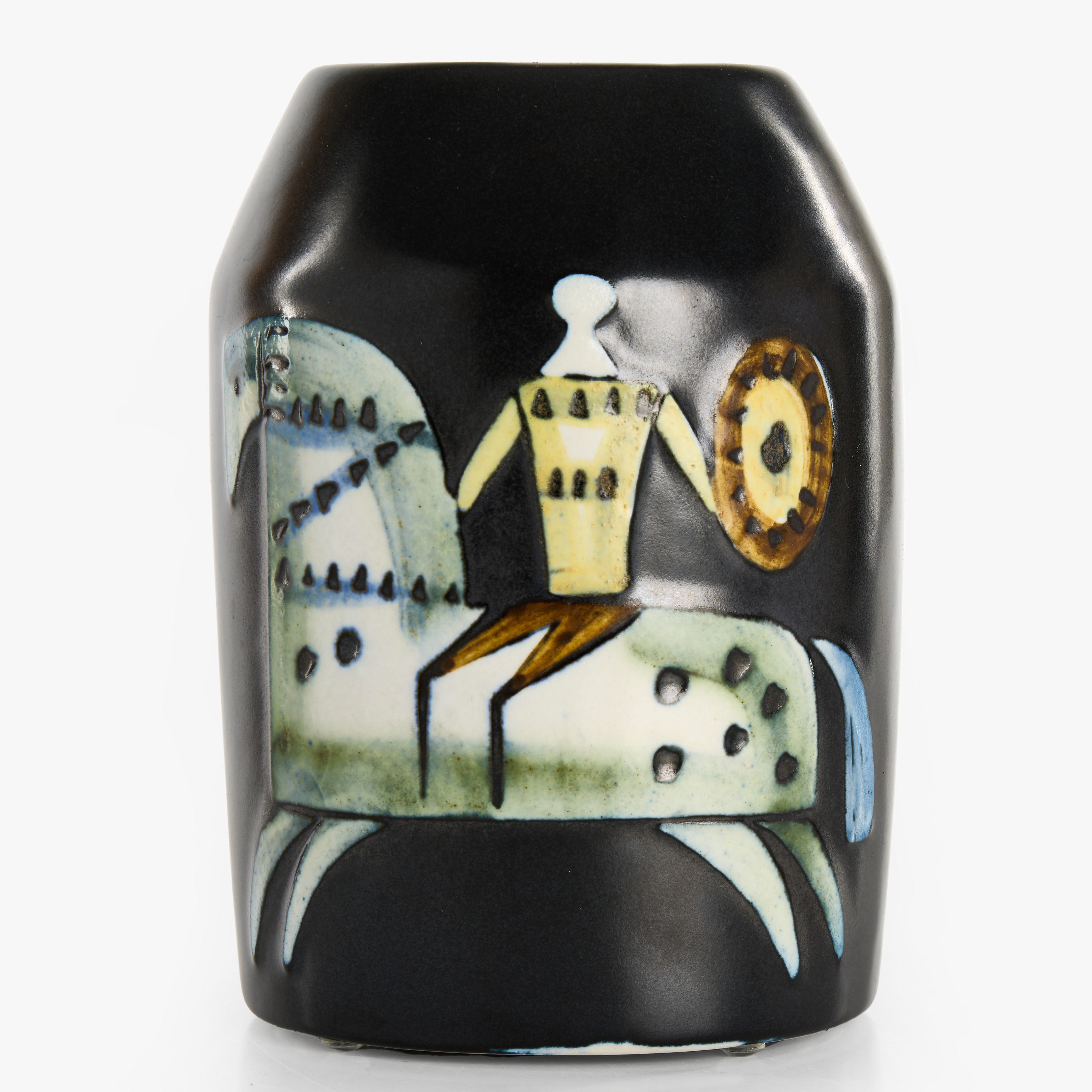 LISA LARSON. Vas, "Varité", Gustavsberg, glaserat stengods, dekor med ryttare.