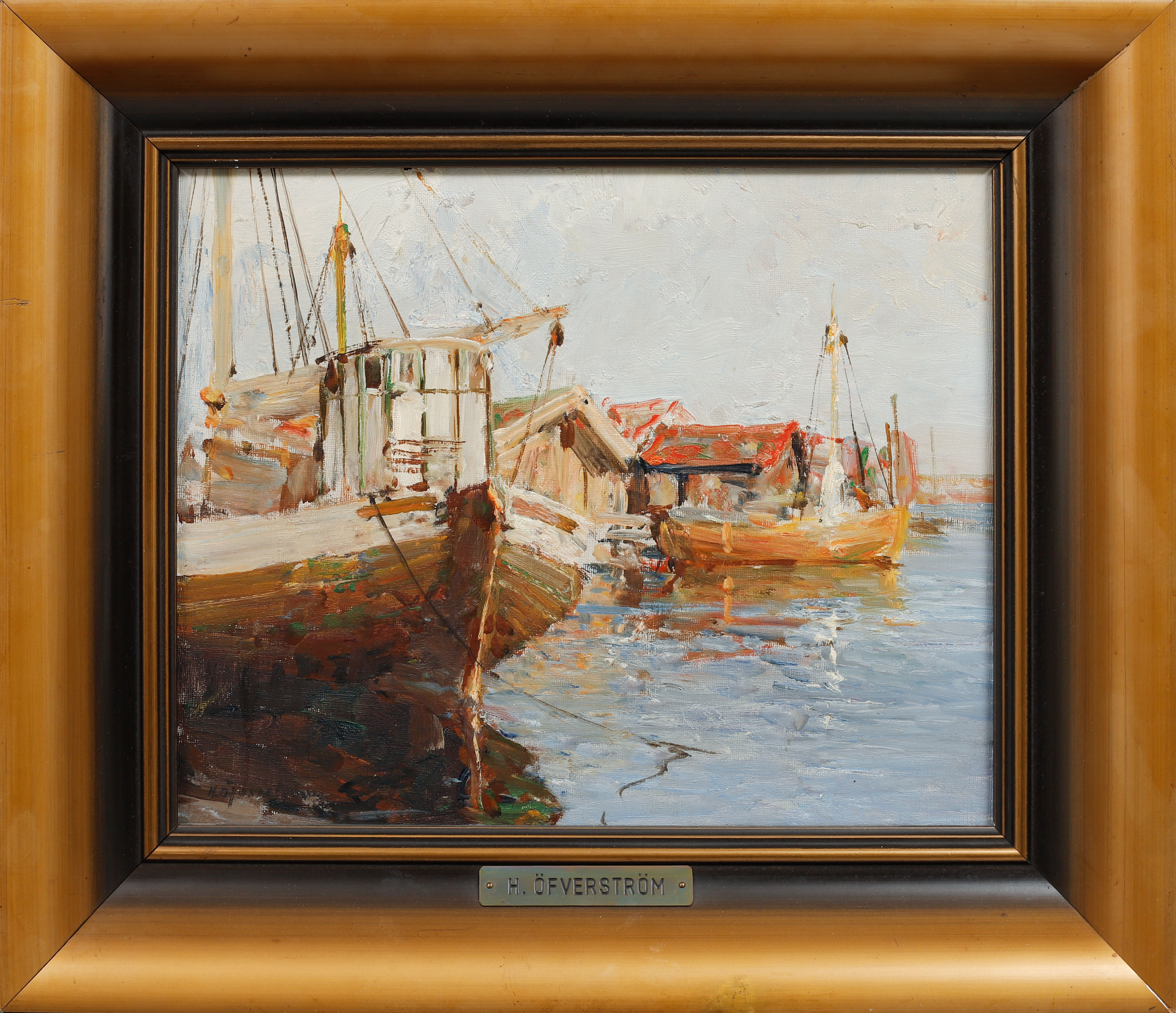 HUGO ÖFVERSTRÖM. Sjöbodar och fartyg, olja på duk, signerad.