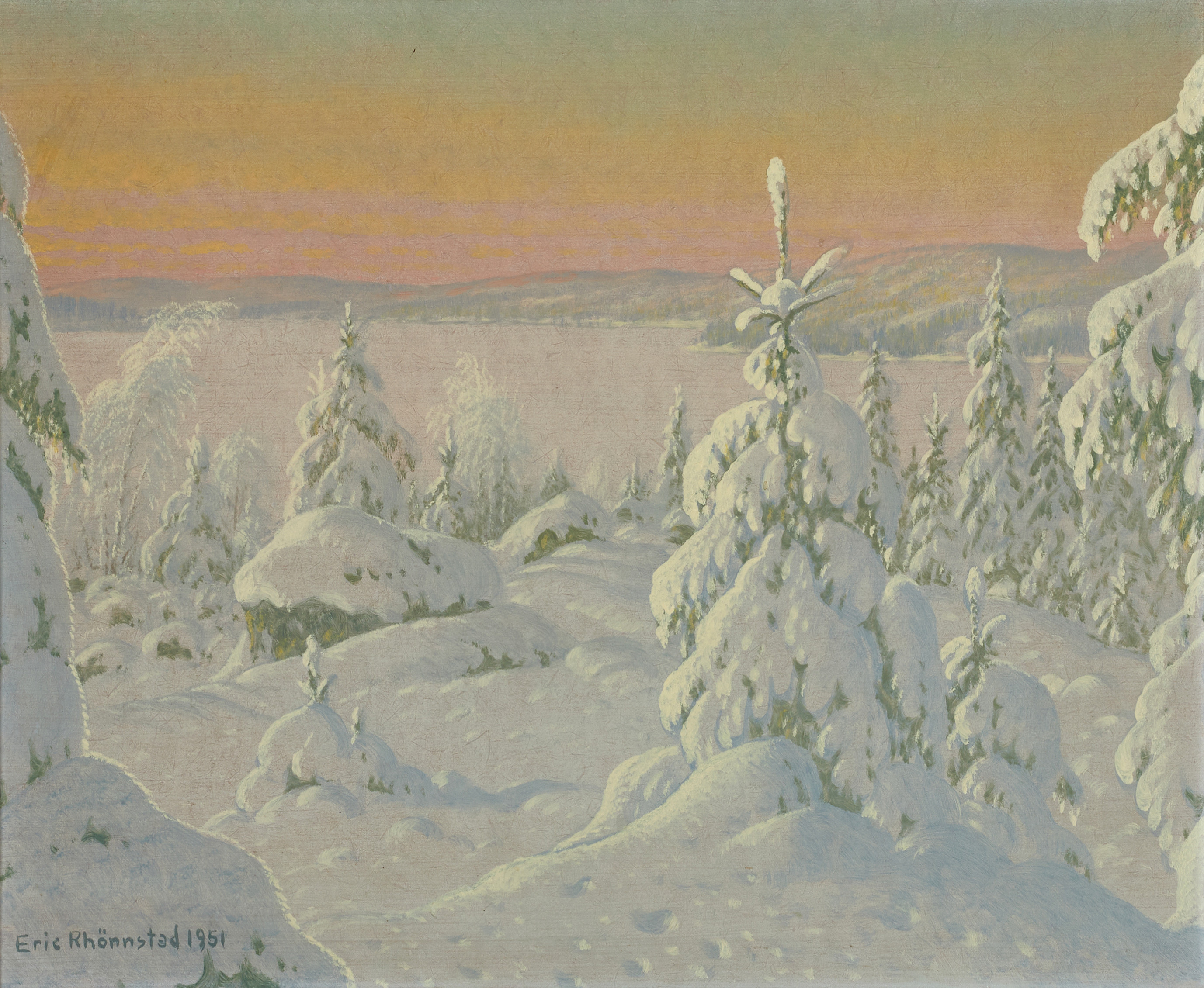 ERIC RÖHNNSTAD. Vinterlandskap i skymningsljus, signerad och daterad 1951, olja på pannå.