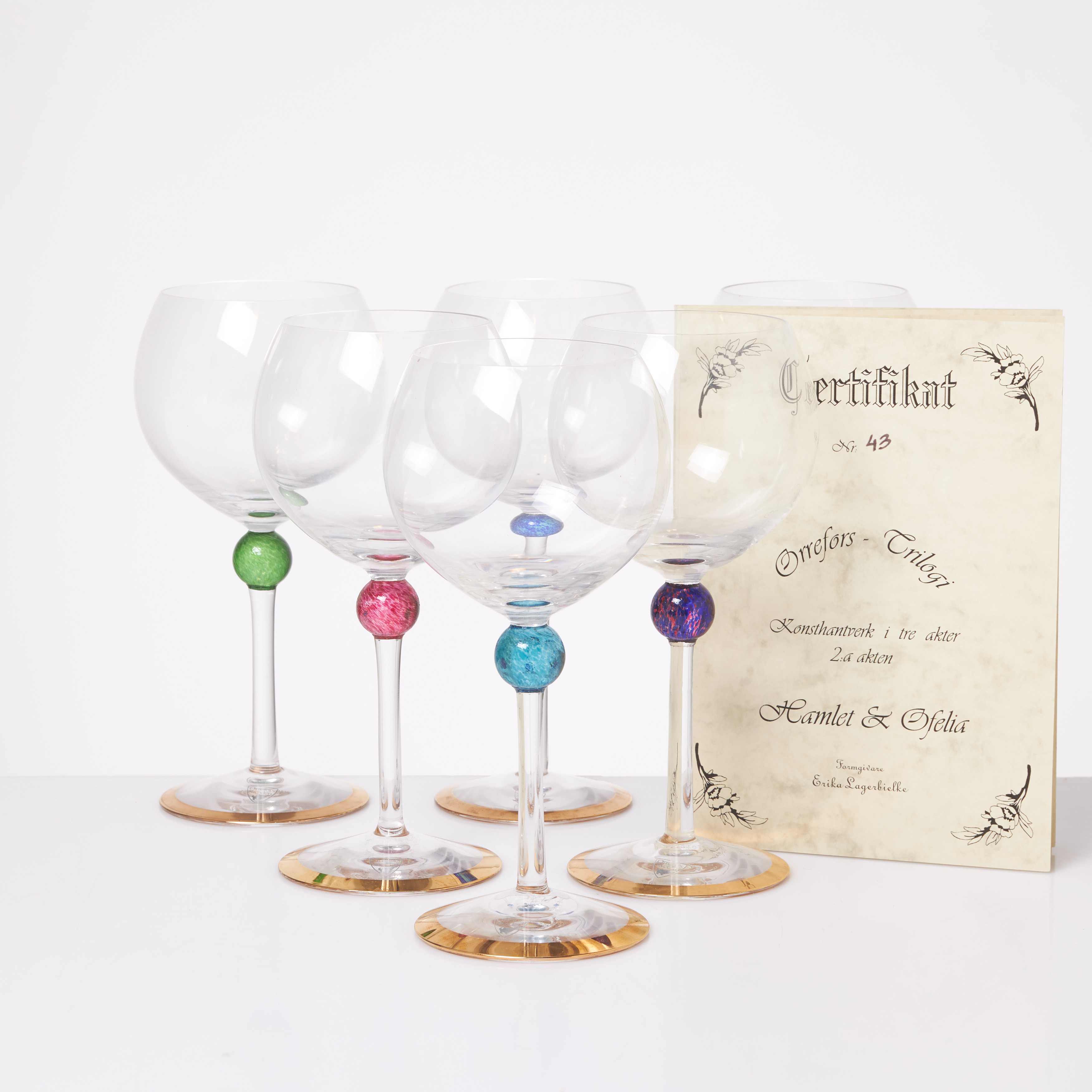ERIKA LAGERBIELKE. Vinglas, 6 st, "Trilogi", etikettmärkta, Orrefors.