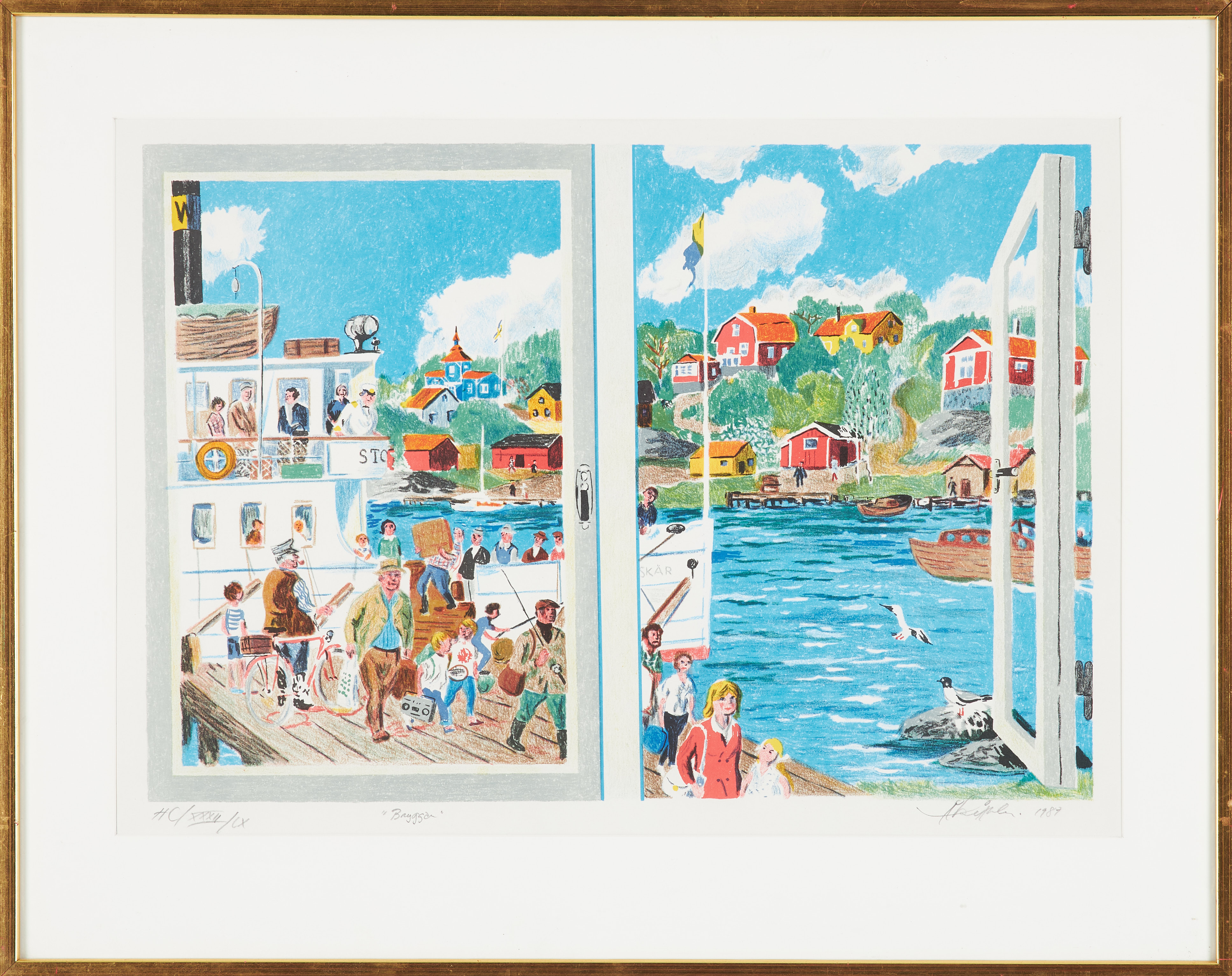 ÅKE ÅHLIN. "Bryggan", färglitografi, signerad, numrerad HC/XXXII/CX, daterad 1987.