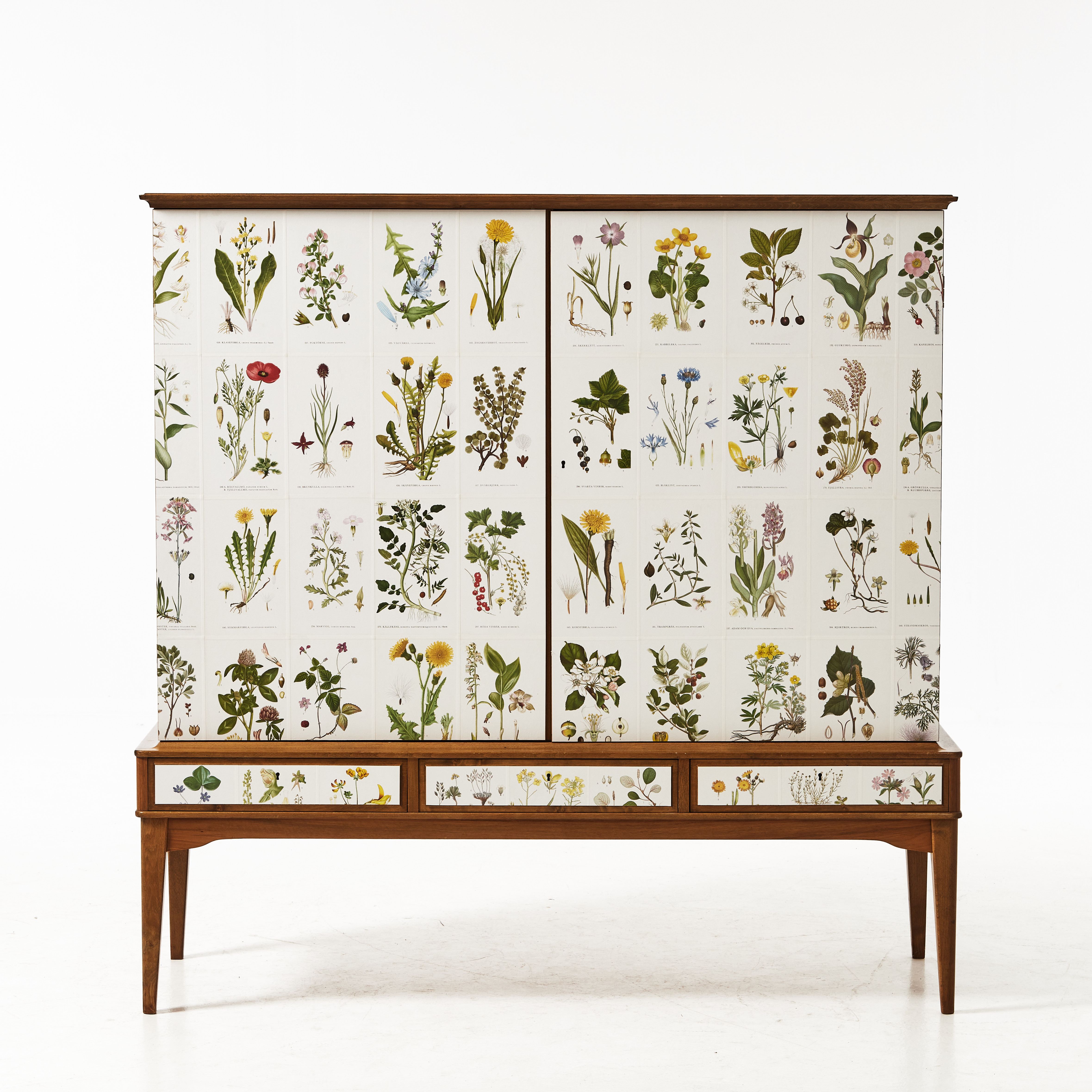 SKÅP, 1900-tal, invändigt med hyllplan och lådor, fanerad i valnöt, tapetserad i "Nordens Flora".