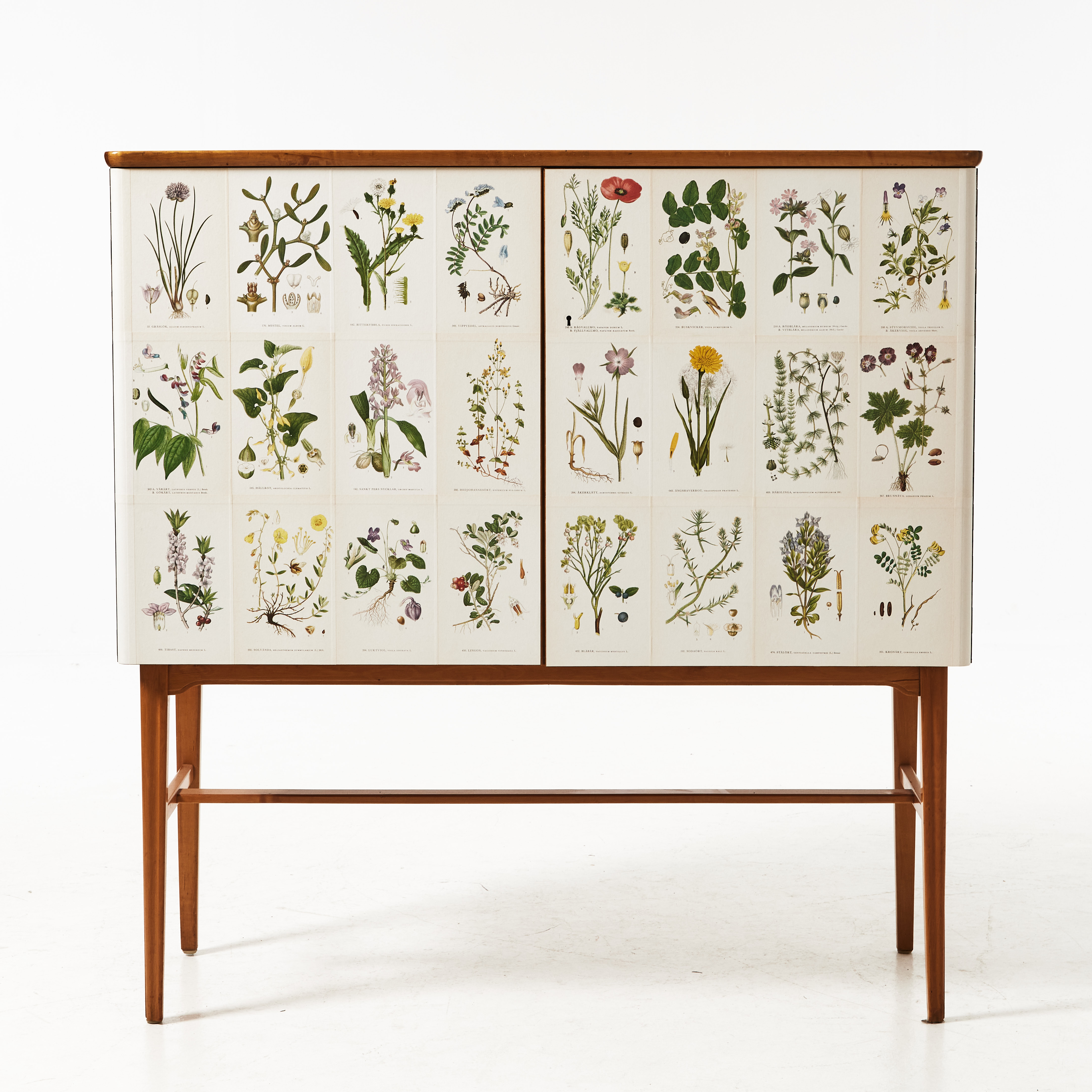 SKÅP, 1900-tal, invändigt med hyllplan och lådor, almfanér samt björk på insidan, tapetserad i "Nordens Flora".