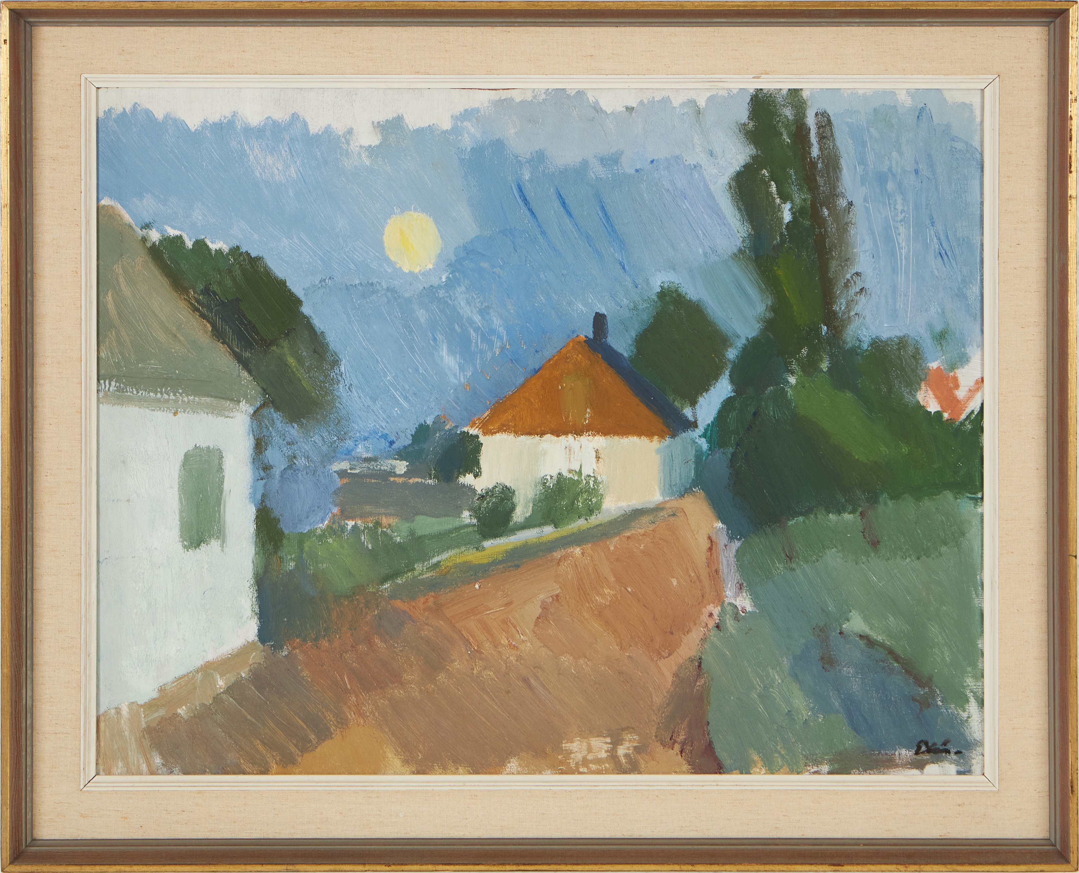 INGVAR ELÉN. Bygata i månljus, olja på pannå, signerad.