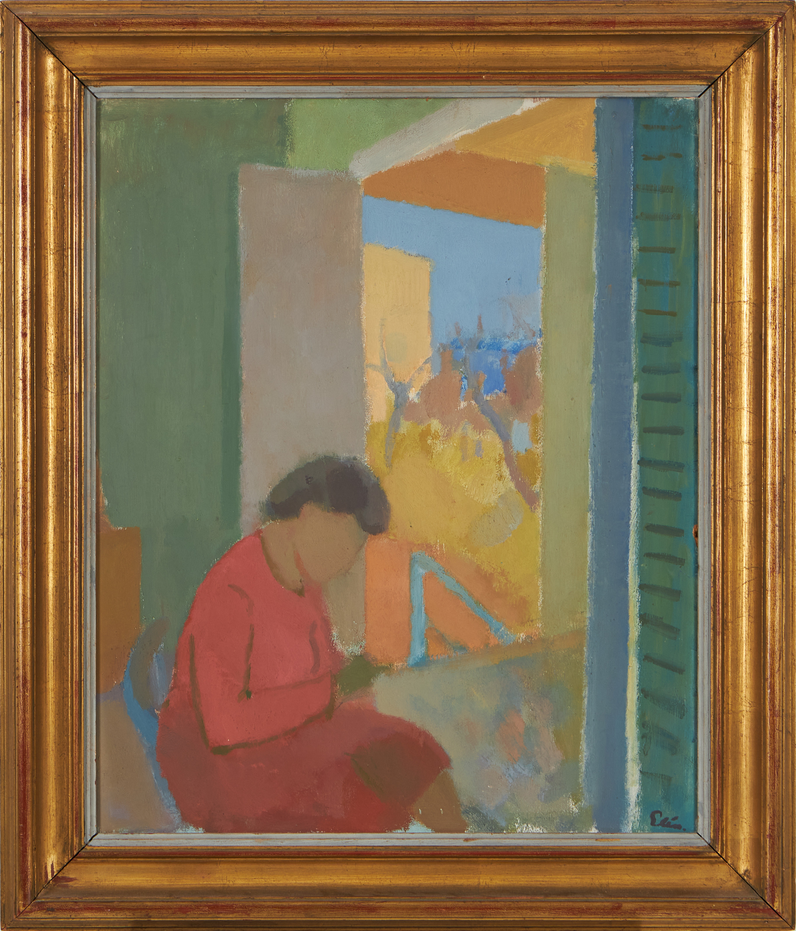 INGVAR ELÉN. Kvinna i dörröppning, olja på pannå, signerad.