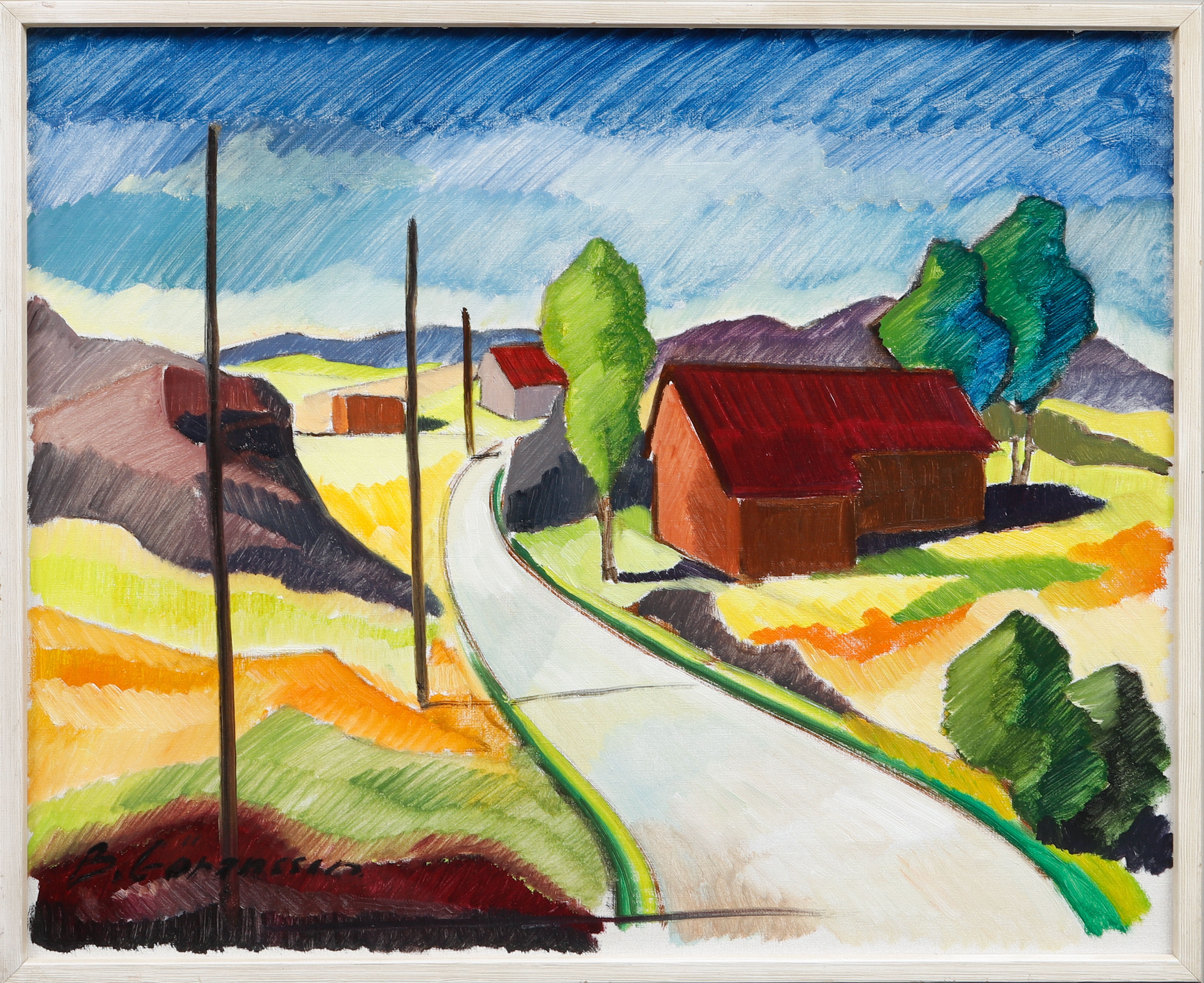 BROR GÖRANSSON. Landskap med hus, olja på duk, signerad.