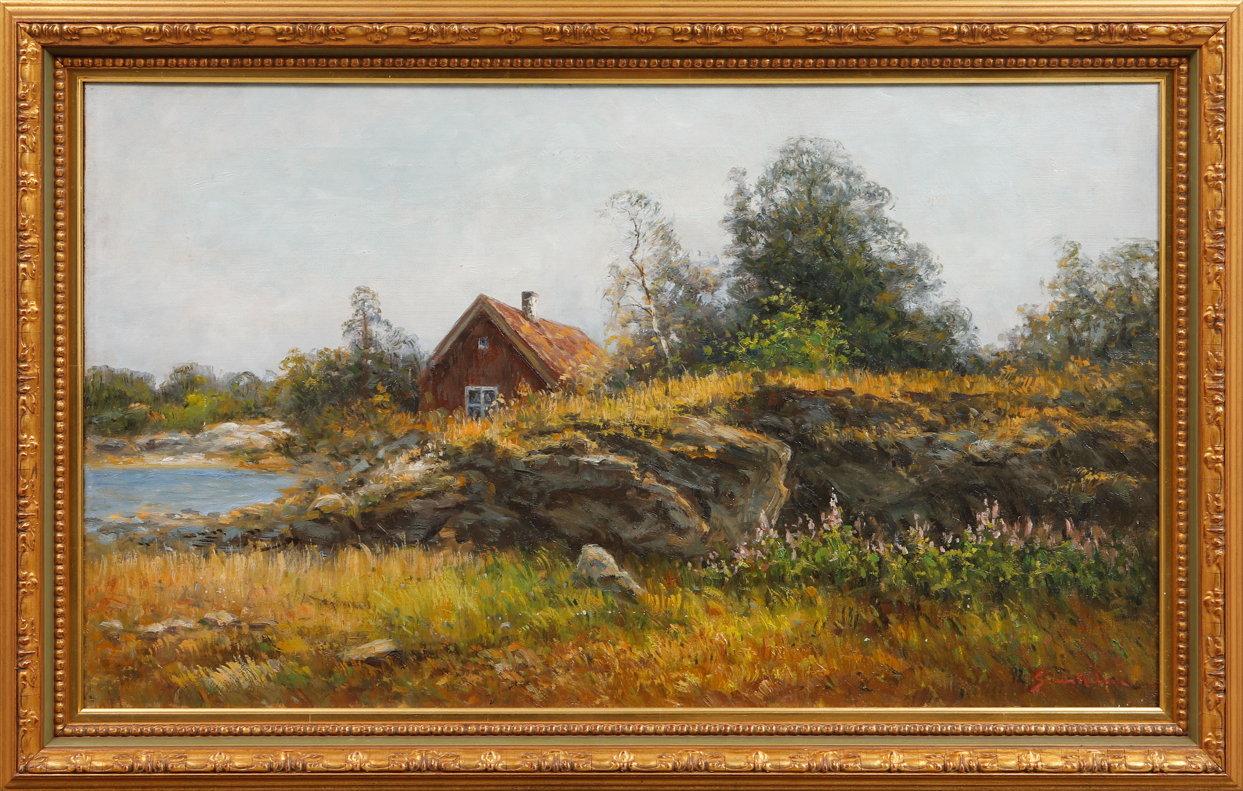 SEVERIN NILSON. Stuga vid sjön, olja på duk, signerad.