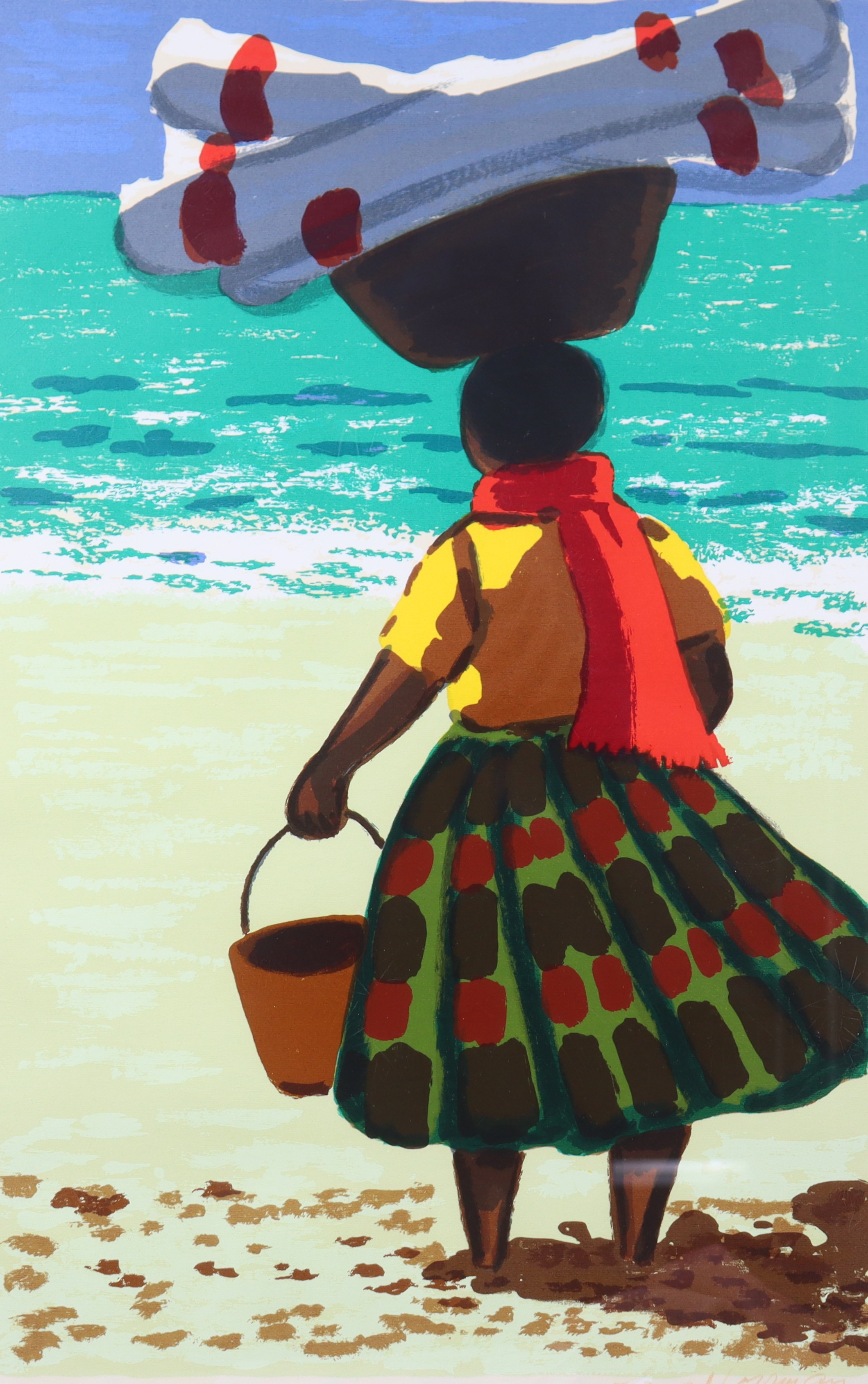 LARS NORRMAN. serigrafi, "Tvättdags i Portugal" ur serigrafiportföljen "Kvinnor, kvinnor" utgiven 1975 av Art & Form AB, Älvsjö.