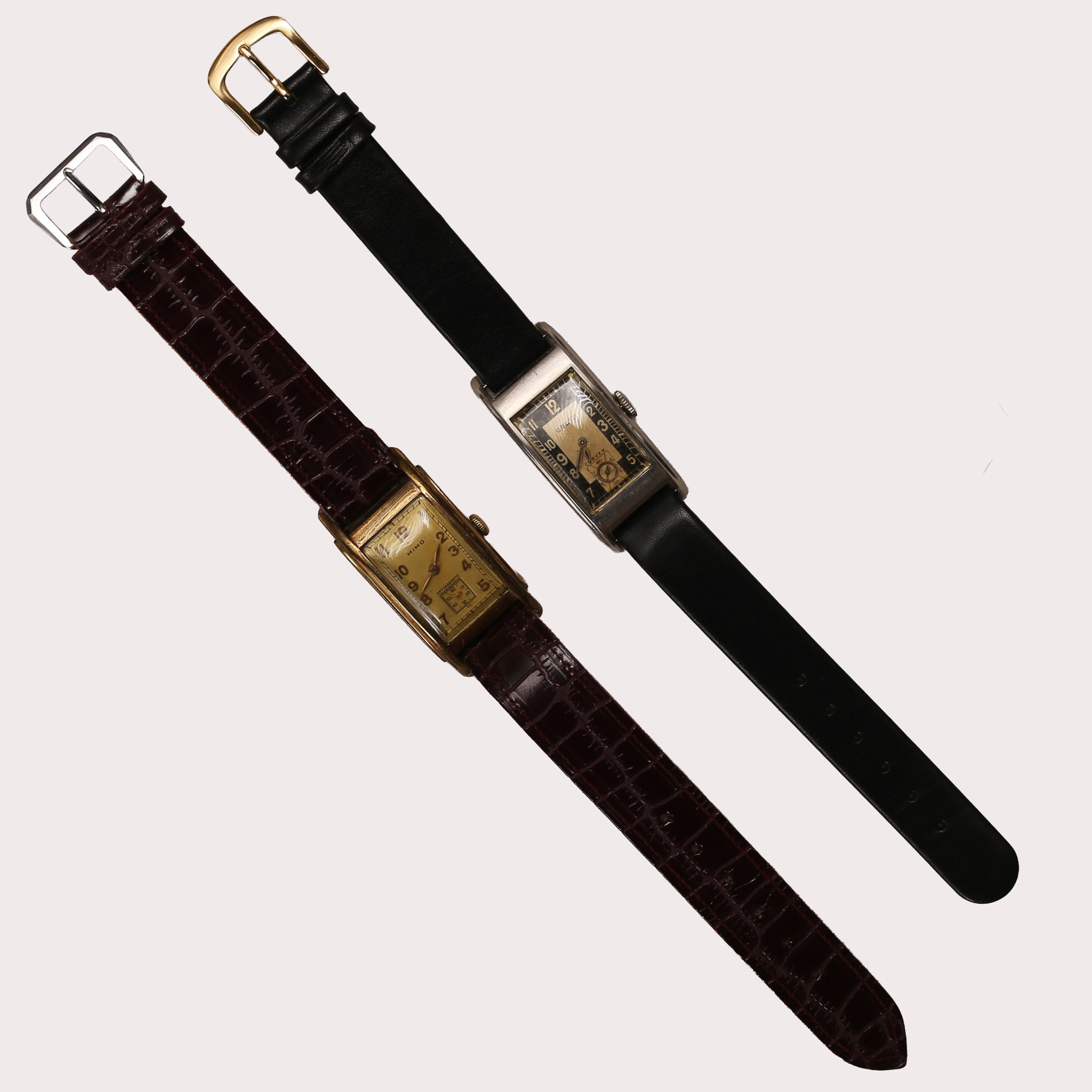 Armbandsur tankmodeller, Mimo, double /läderband samt Gruen Curvex, stål/läderband, totalt 2 stycken.