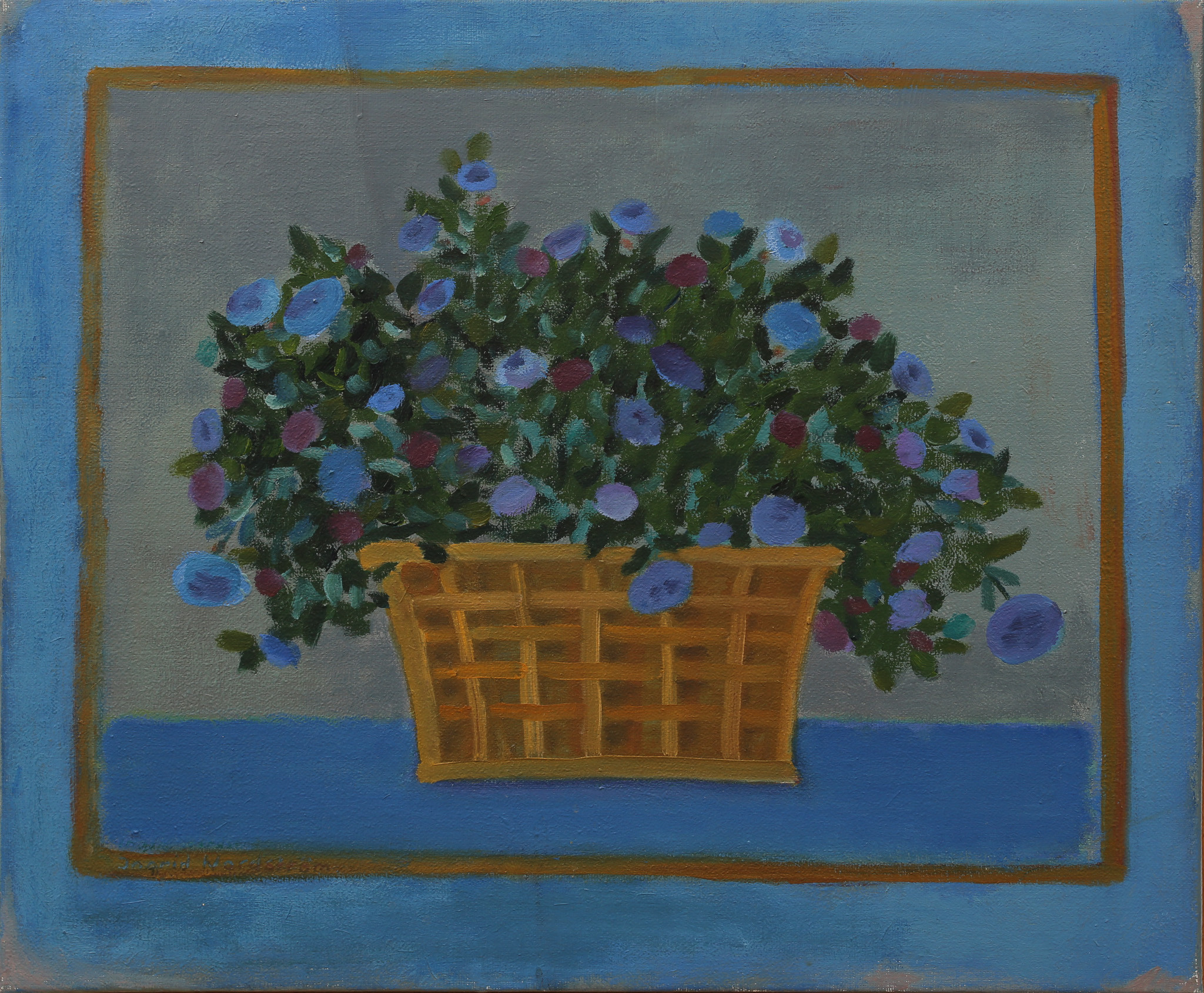 INGRID NORDSTRÖM. Olja på duk, stilleben med blommor i korg, signerad.