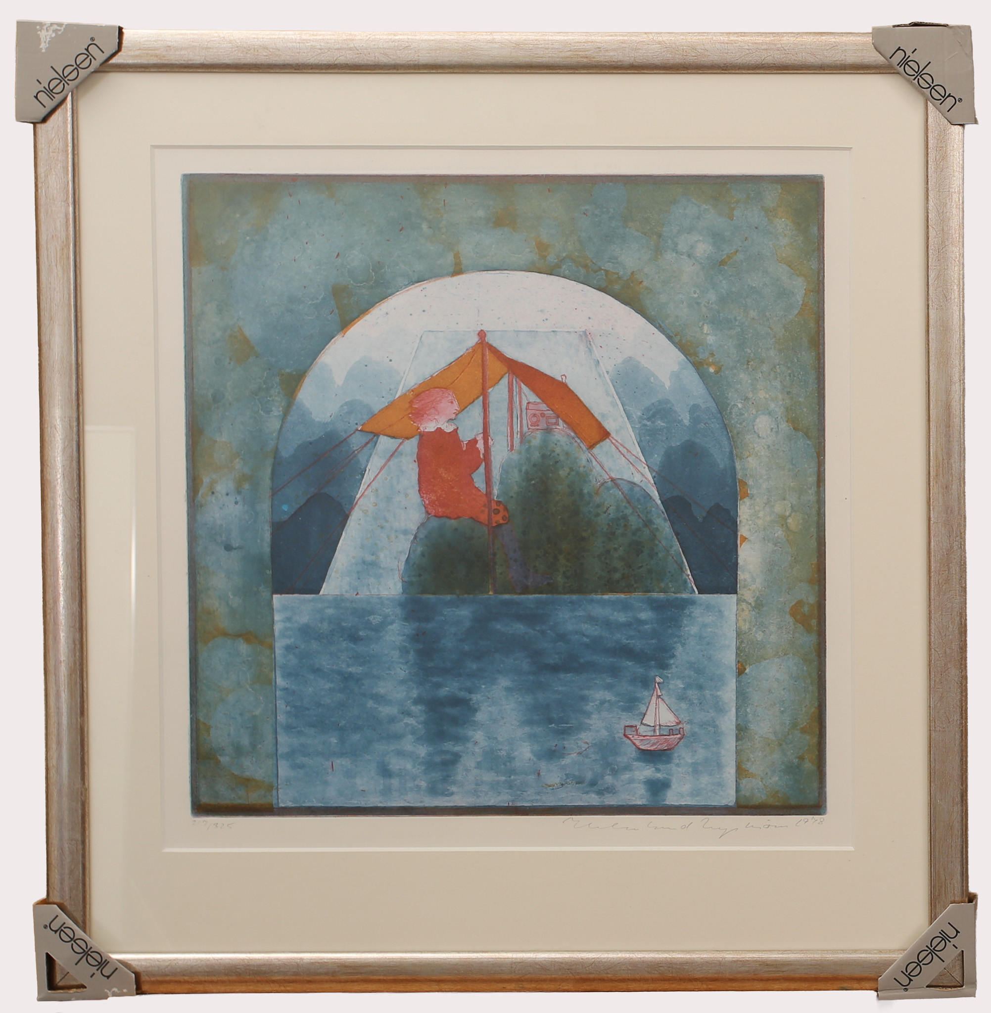 HELMTRUD NYSTRÖM. Färgetsning. kvinna med segelbåt, numrerad 217/325, signerad, daterad 1978.