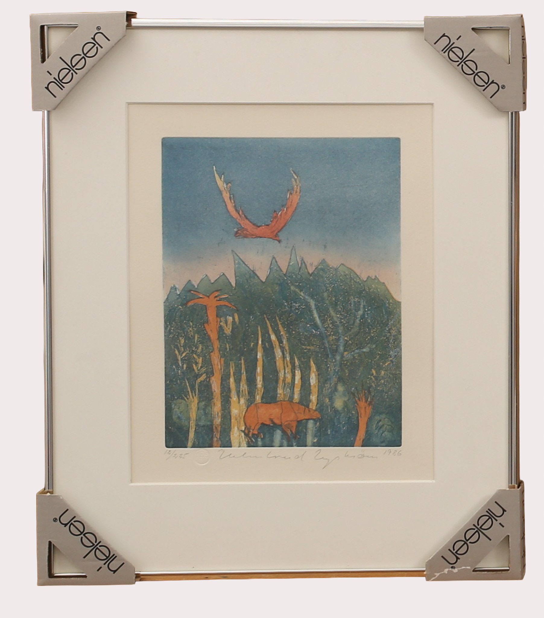 HELMTRUD NYSTRÖM. Färgetsning. fågel, träd och berg, numrerad 12/225, signerad, daterad 1986.