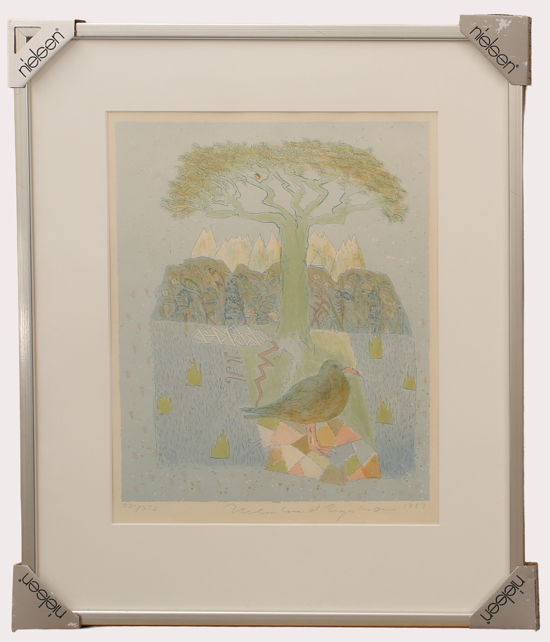 HELMTRUD NYSTRÖM. Färgetsning. fågel under träd, numrerad 321/350, signerad, daterad 1983.