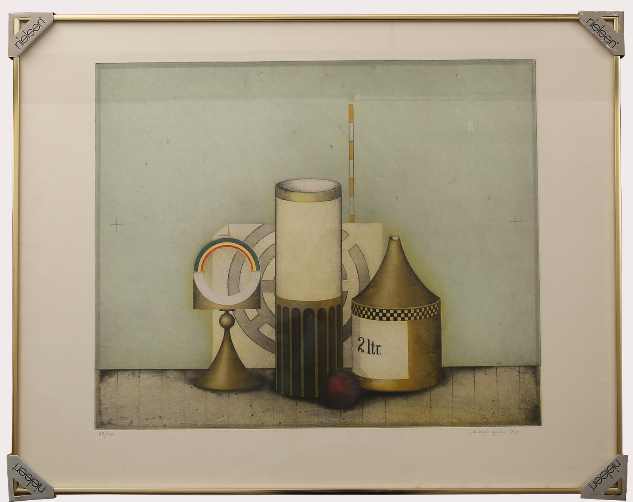 FRIEDRICH MECKSEPER. Färgetsning, stilleben med röd boll, numrerad 98/100 signerad, daterad 1970.