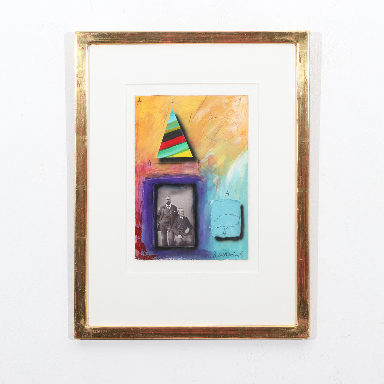 JÖRGEN WARING. Blandteknik på papper, komposition med triangel och collage , Signerad J. Waring.