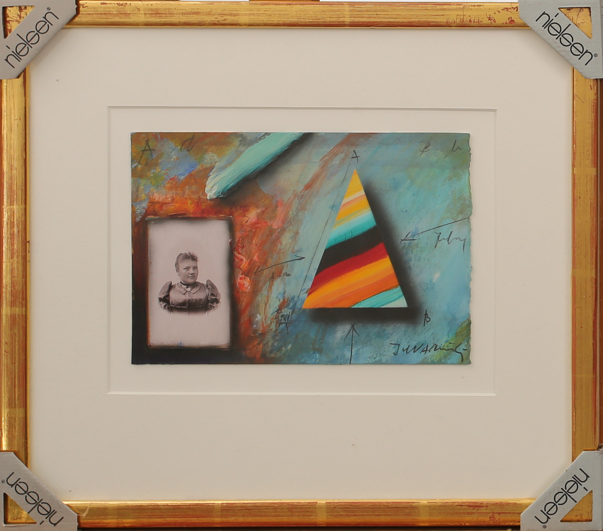 JÖRGEN WARING. Blandteknik på papper, komposition med triangel och collage med porträtt på flicka Signerad J. Waring.