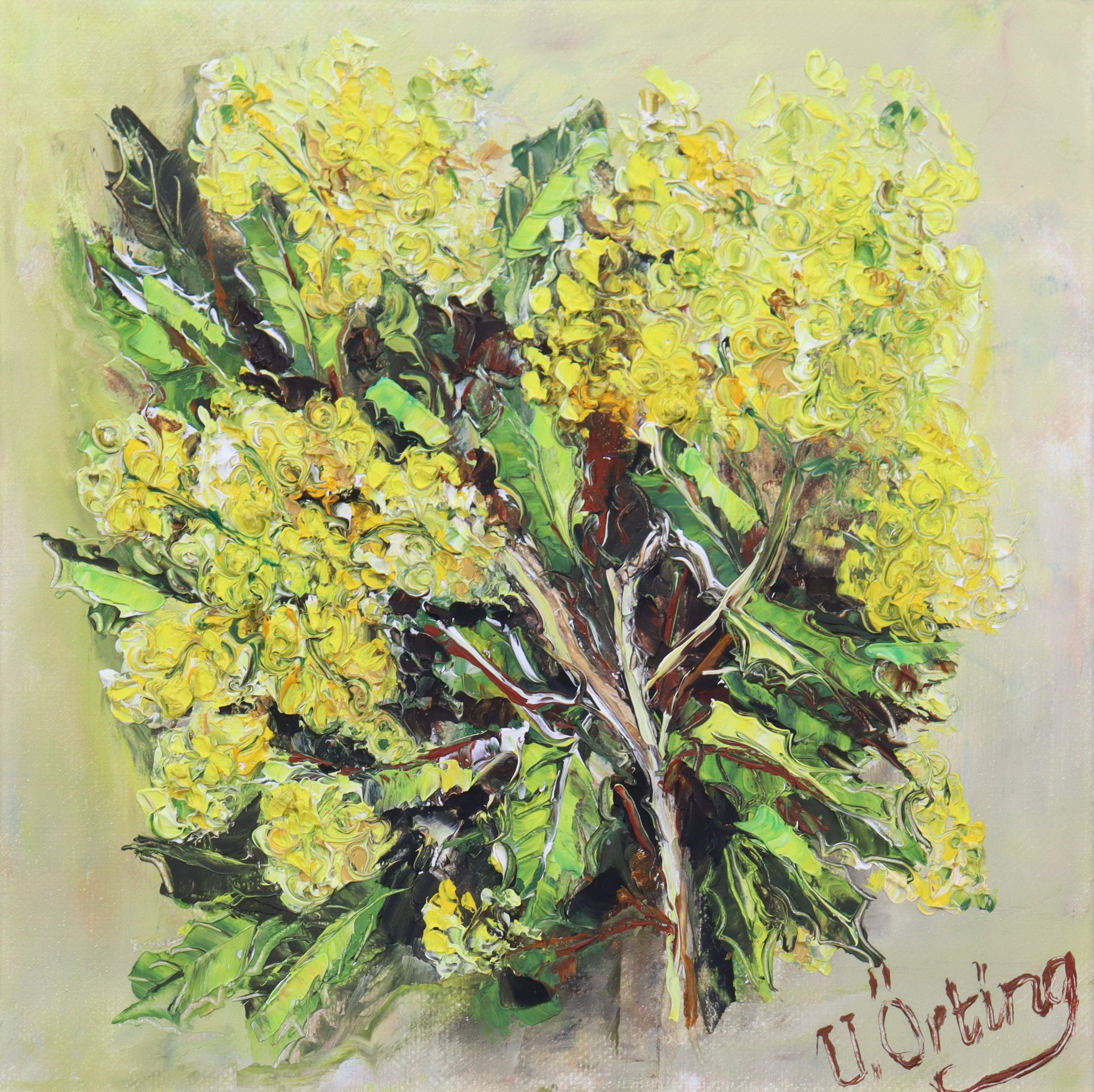 ULLA ÖRTING. olja på duk, "Mahonia i blom".