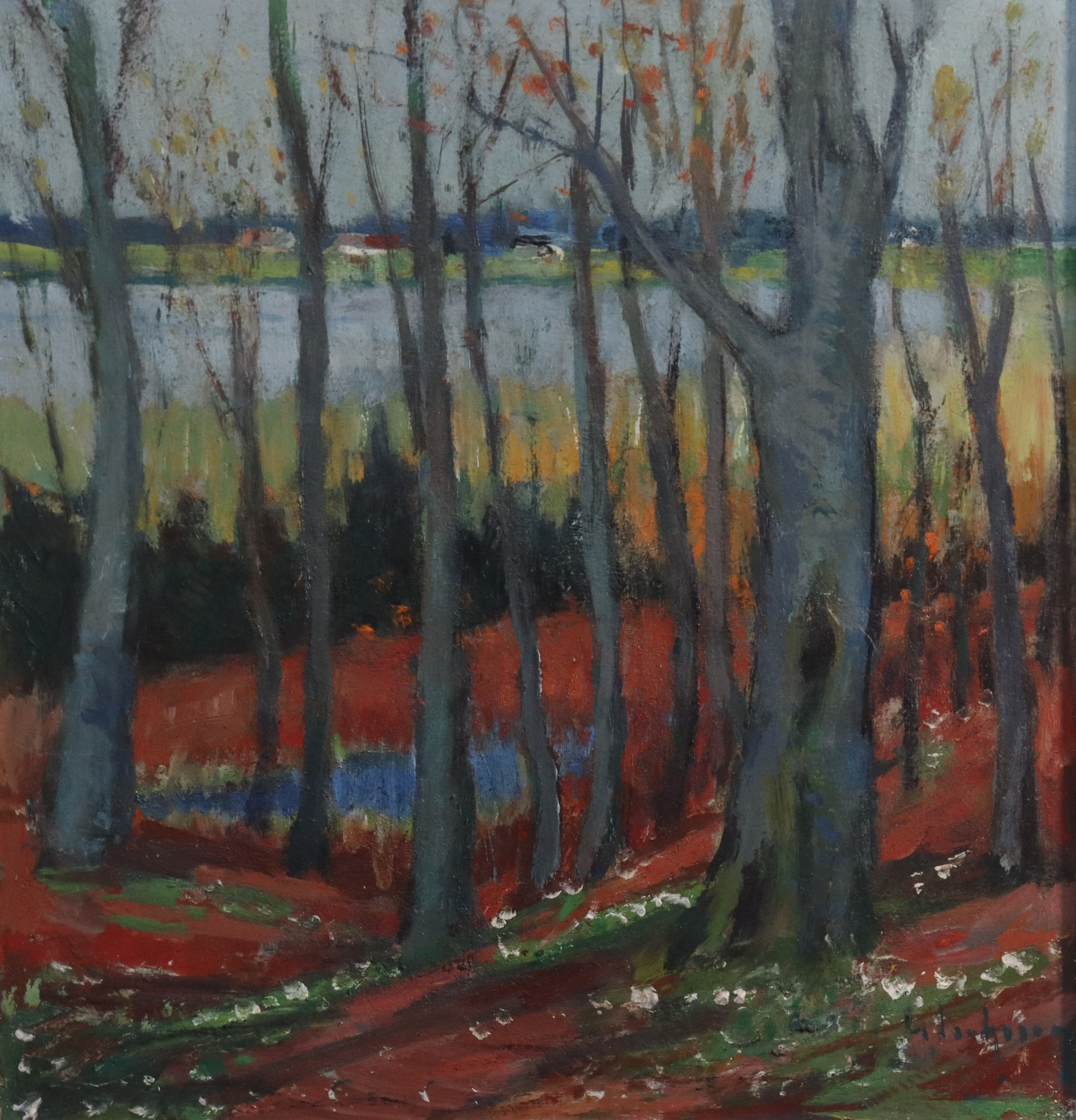 GIDEON ISAKSSON. olja på pannå, vy genom skog.