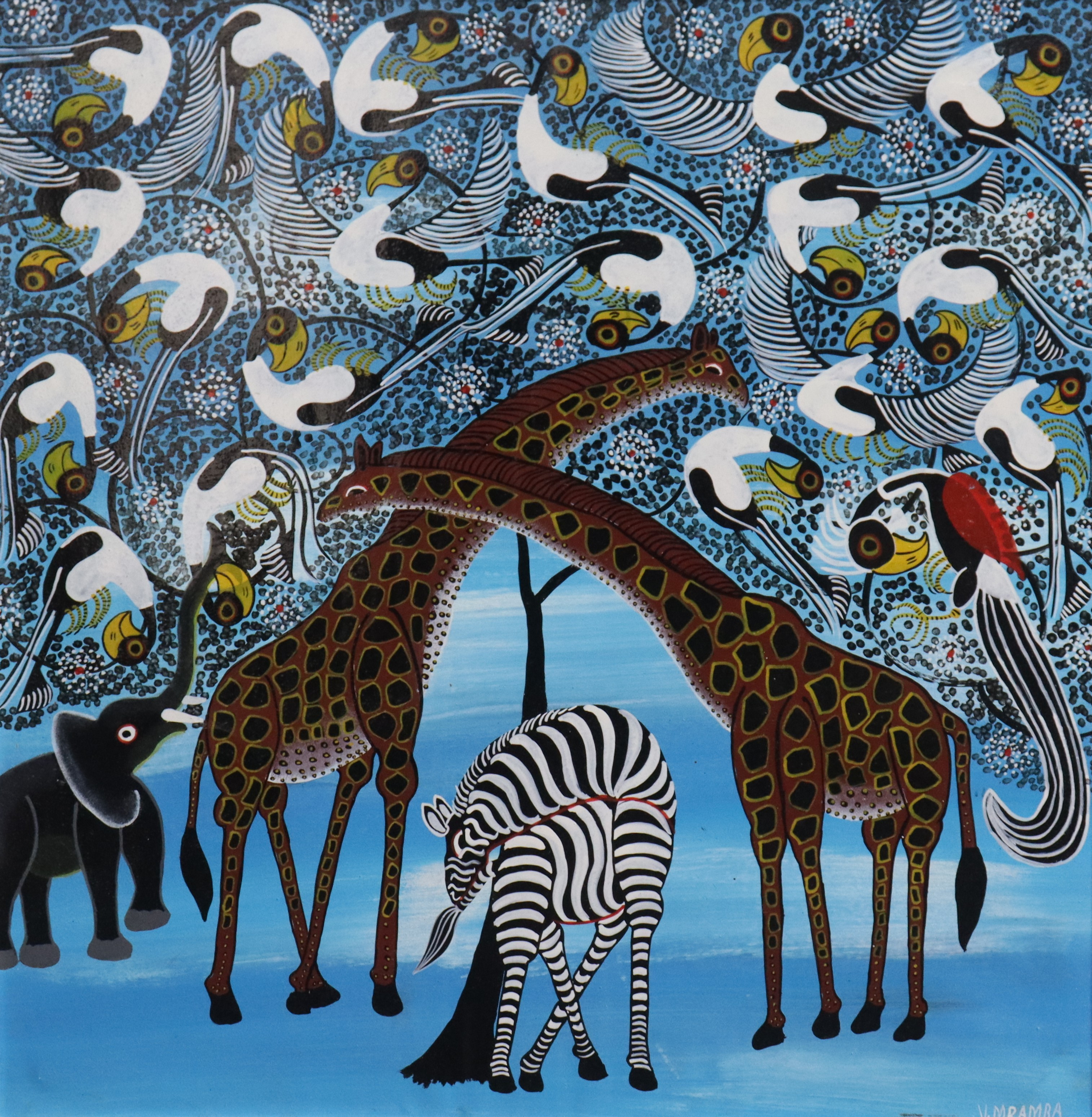 OIDENTIFIERAD KONSTNÄR. olja på duk, komposition med afrikanska djur.