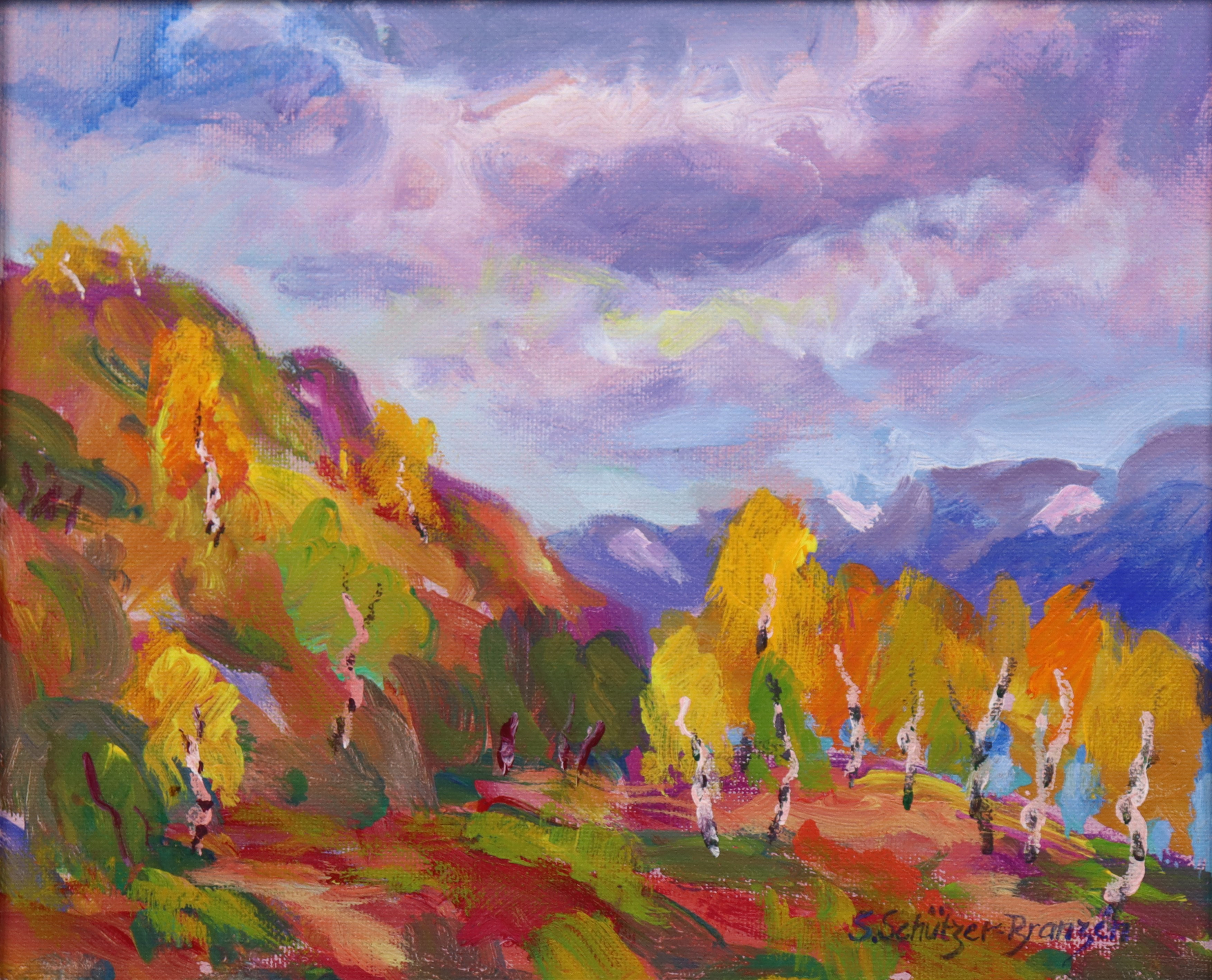 SVEN SCHÜTZER - BRANZÉN. akryl på pannå, "Höst vid Krutvattnet".