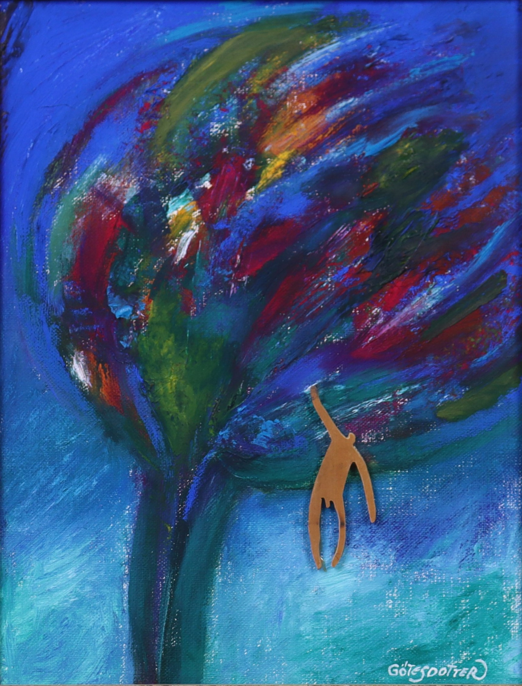 GUNNEL GÖTESDOTTER. olja på duk / blandteknik, man i träd.