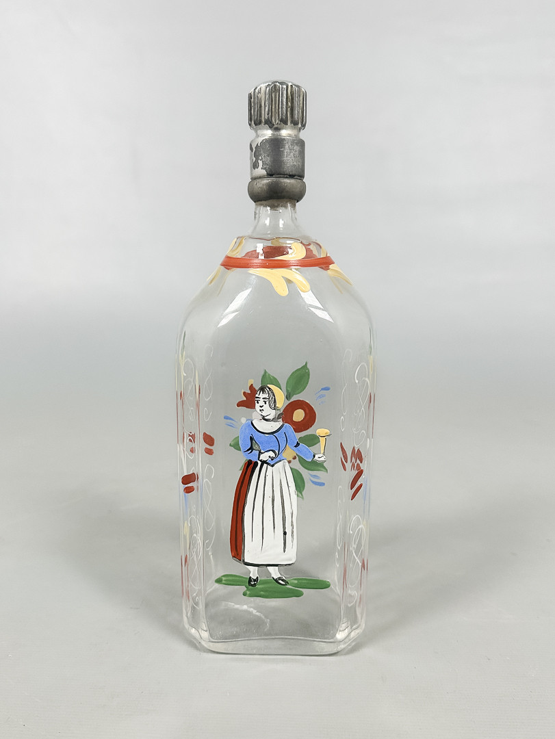 GLASFLASKA, emaljmålad, 18/1900-tal.