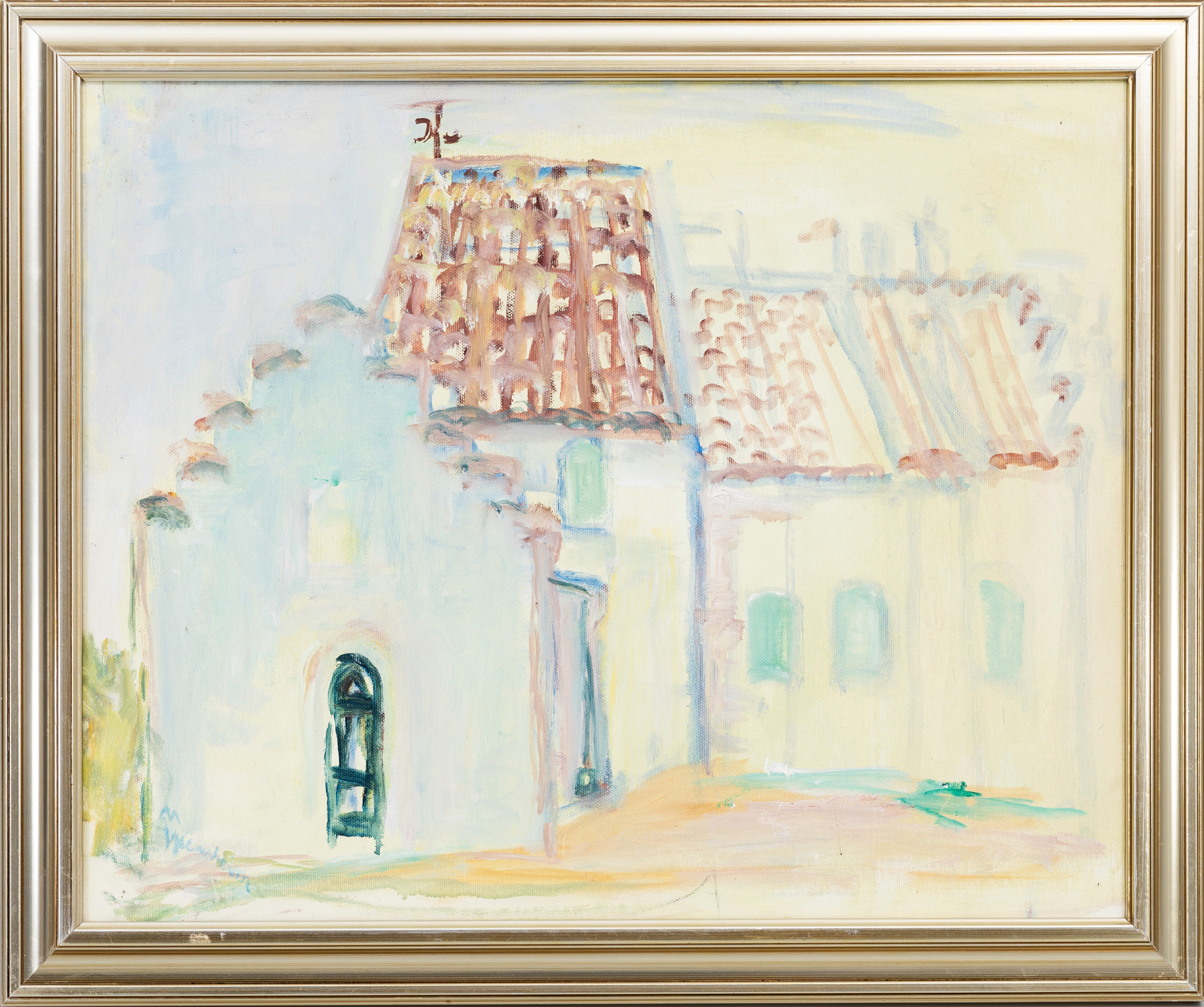 MÄRTA WENNERHOLM. komposition med Kyrka, olja på duk, monogramsignerad MW., daterad atergo-87.