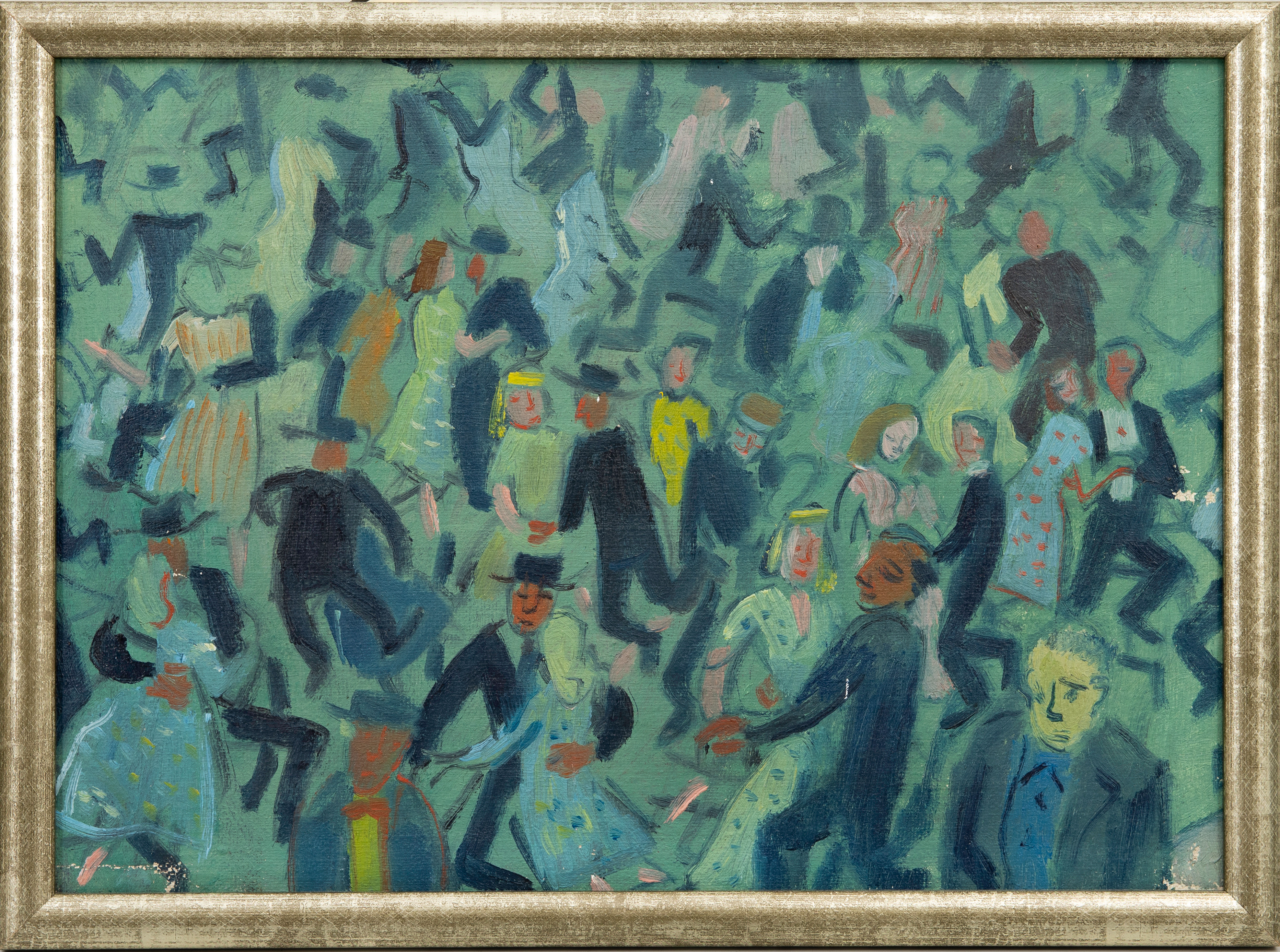 GUNNAR BRUSEWITZ. Dansande par i gröna toner, olja på duk, på pannå, signerad.