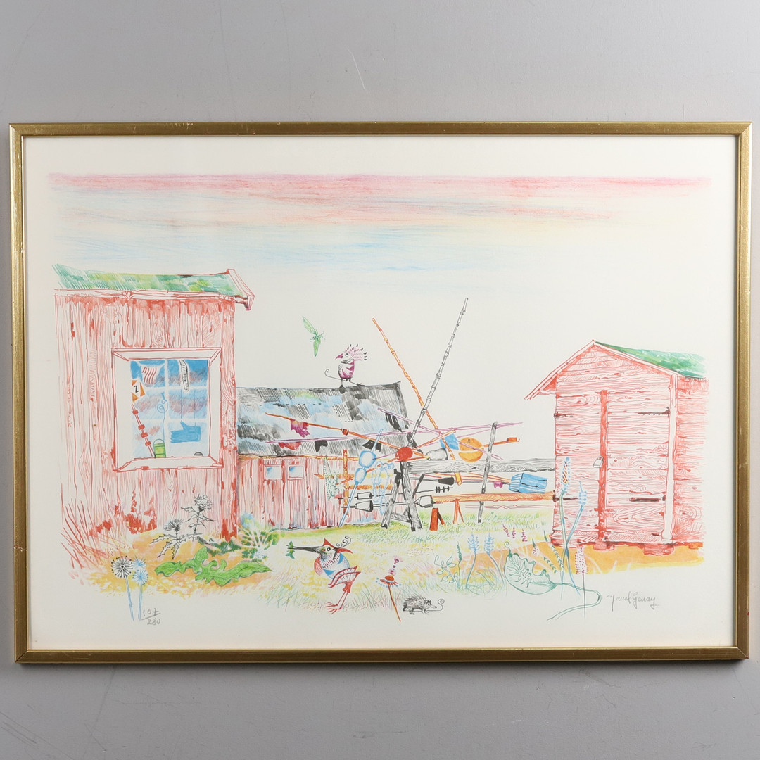 MARCEL GENAY. FÄRGLITOGRAFI, "Fiskarstugor", No. 107/280, signerad.