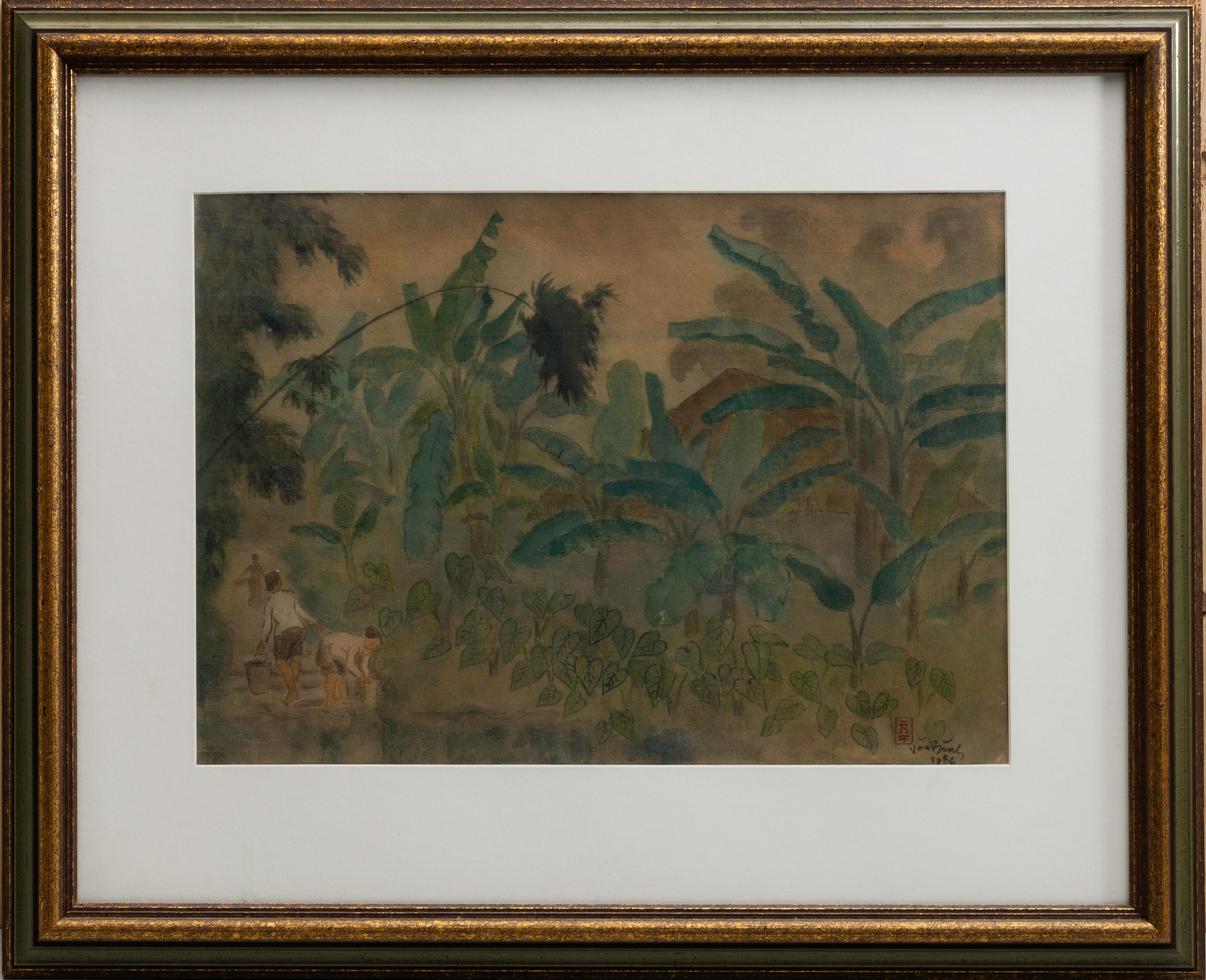 OIDENTIFIERAD KONSTNÄR. "Tropiskt landskapsmotiv" Akvarell på textil, signerad med sigill. Vietnamesisk skola.