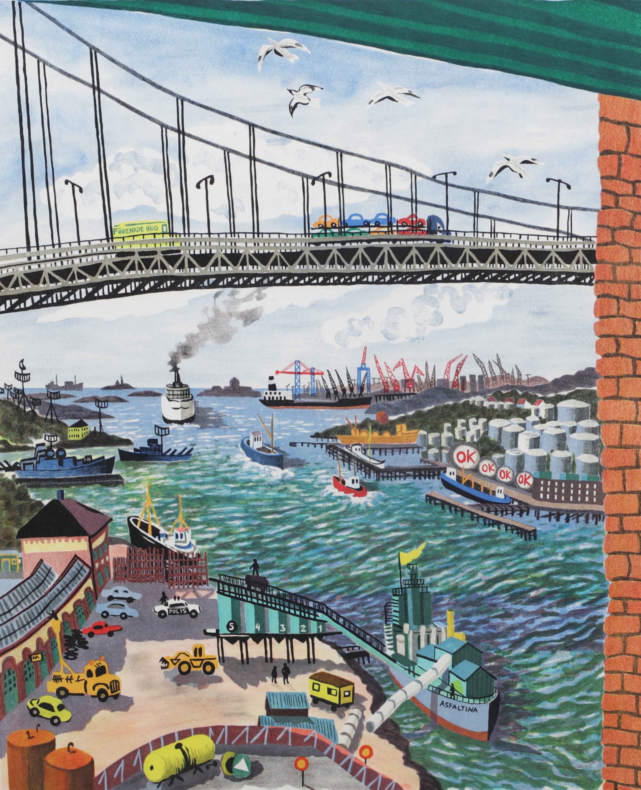 MONA HUSS WALIN. Älvsborgsbron, färglitografi, signerad, numrerad 293/460 och daterad 77.