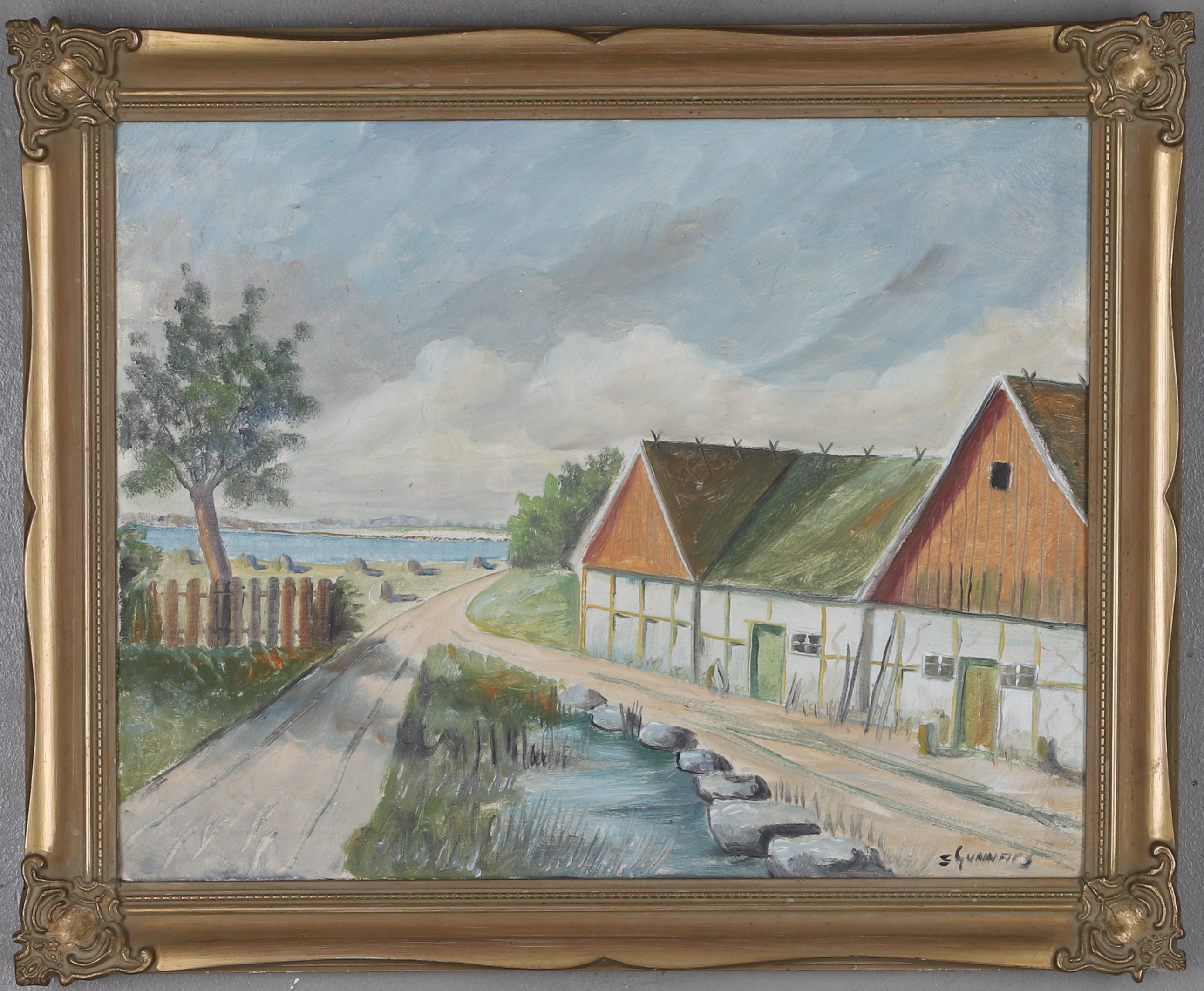 OIDENTIFIERAD KONSTNÄR, olja på duk, gårdsmotiv, signerad S Gunnars.