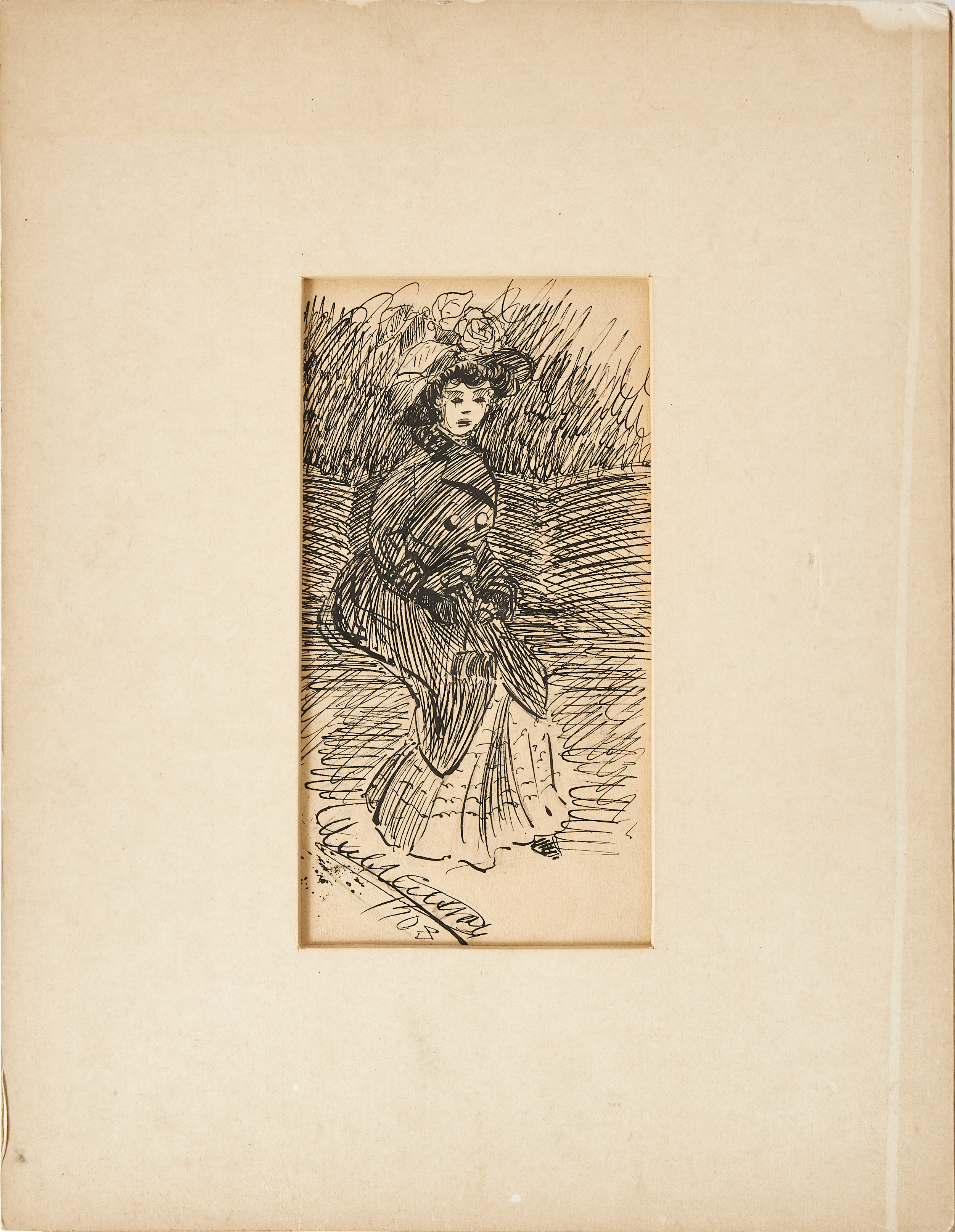 OIDENTIFIERAD KONSTNÄR, 1900-talets början, Kvinna i8 parklandskap, tuschteckning, signerad och daterad 1908.