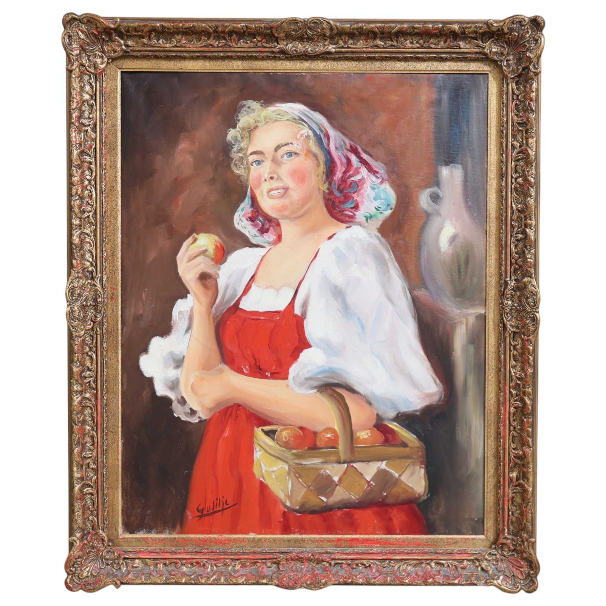 OIDENTIFIERAD KONSTNÄR. Kvinna med äpplen, olja på duk, signerad.