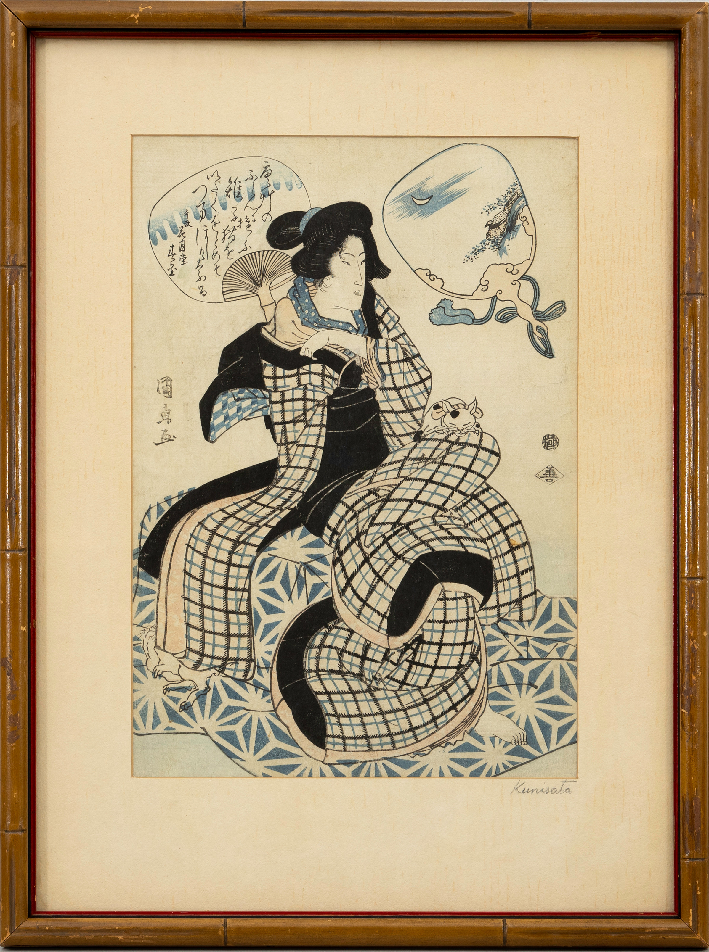 UTAGAWA KUNINAO (1793-1854). "Woman with Kittens on a Kotatsu", träsnitt, Edoperiod Japan 1800-tal.