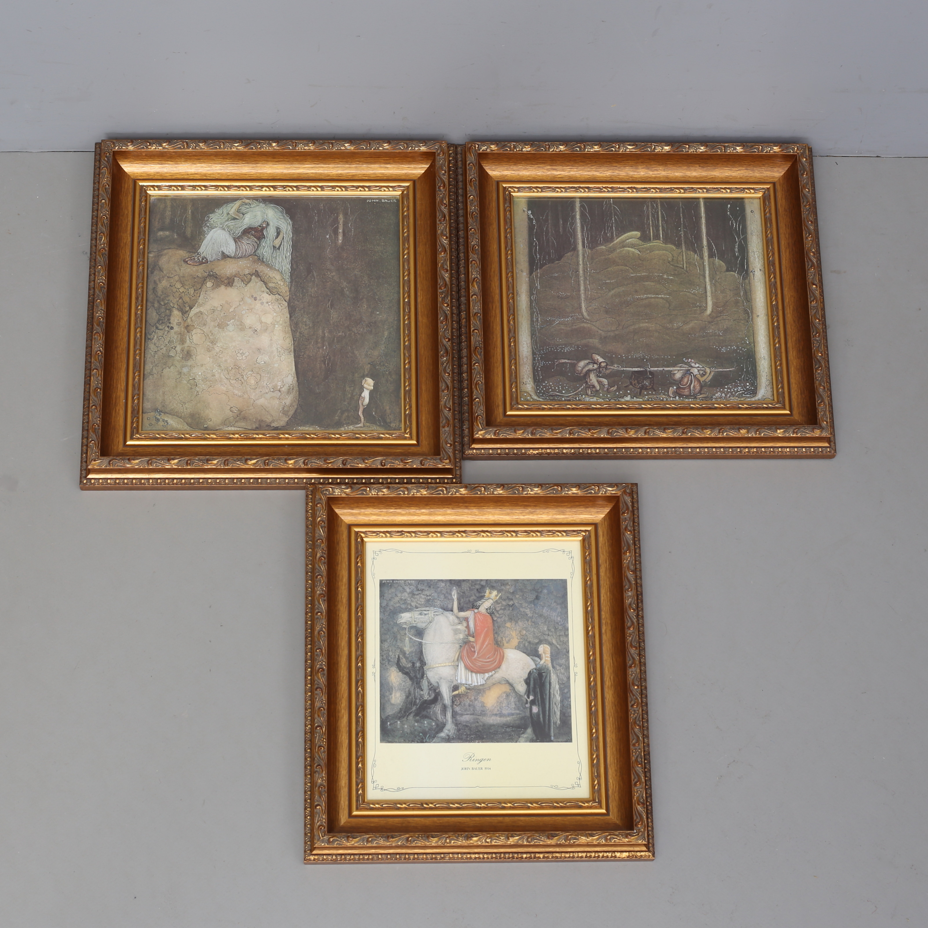 JOHN BAUER. Inramade tryck, 3st, bla Palmeblads tryckeri.