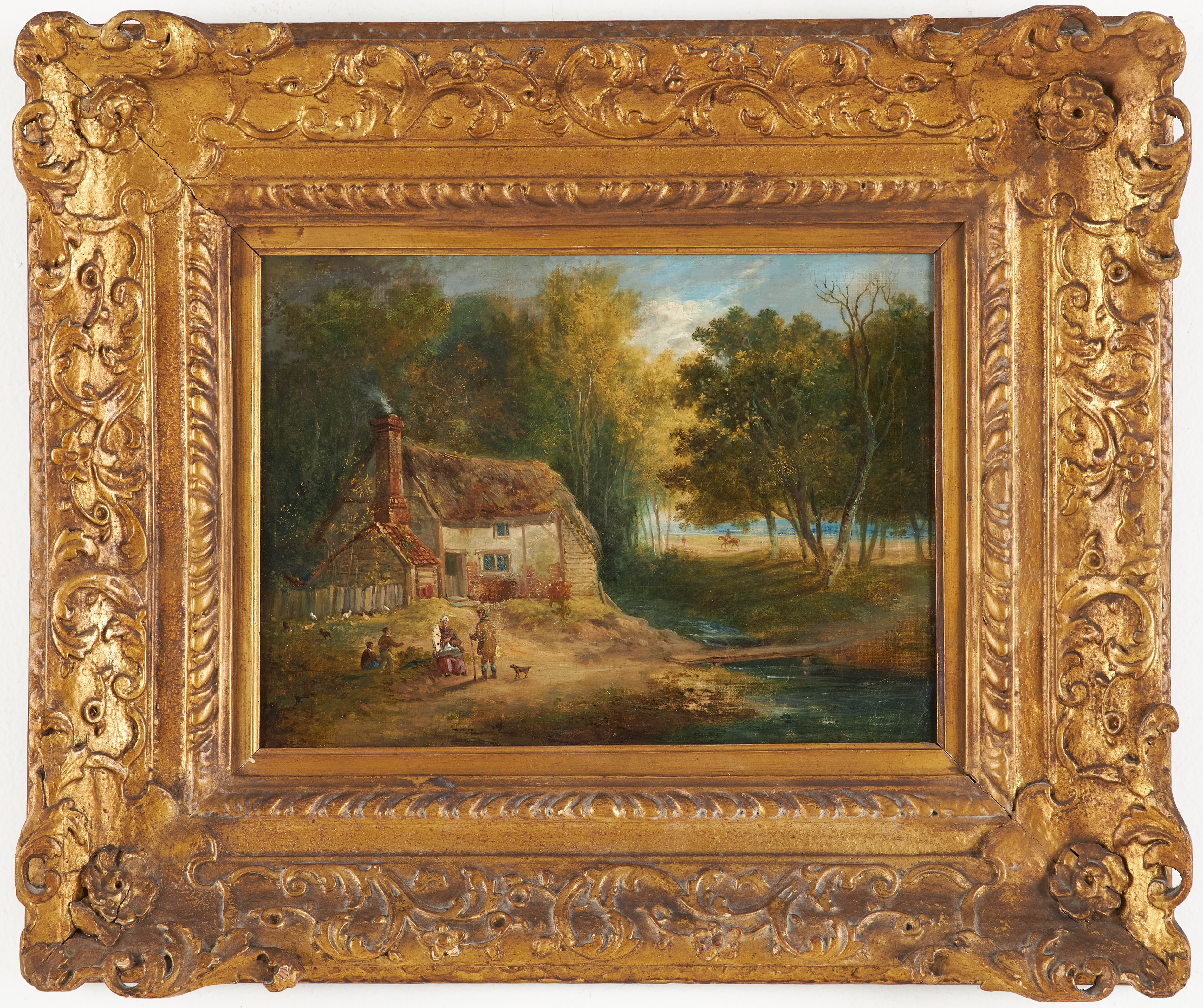 OKÄND KONSTNÄR. Landskap med hus och människor, 1800-tal, olja på duk.