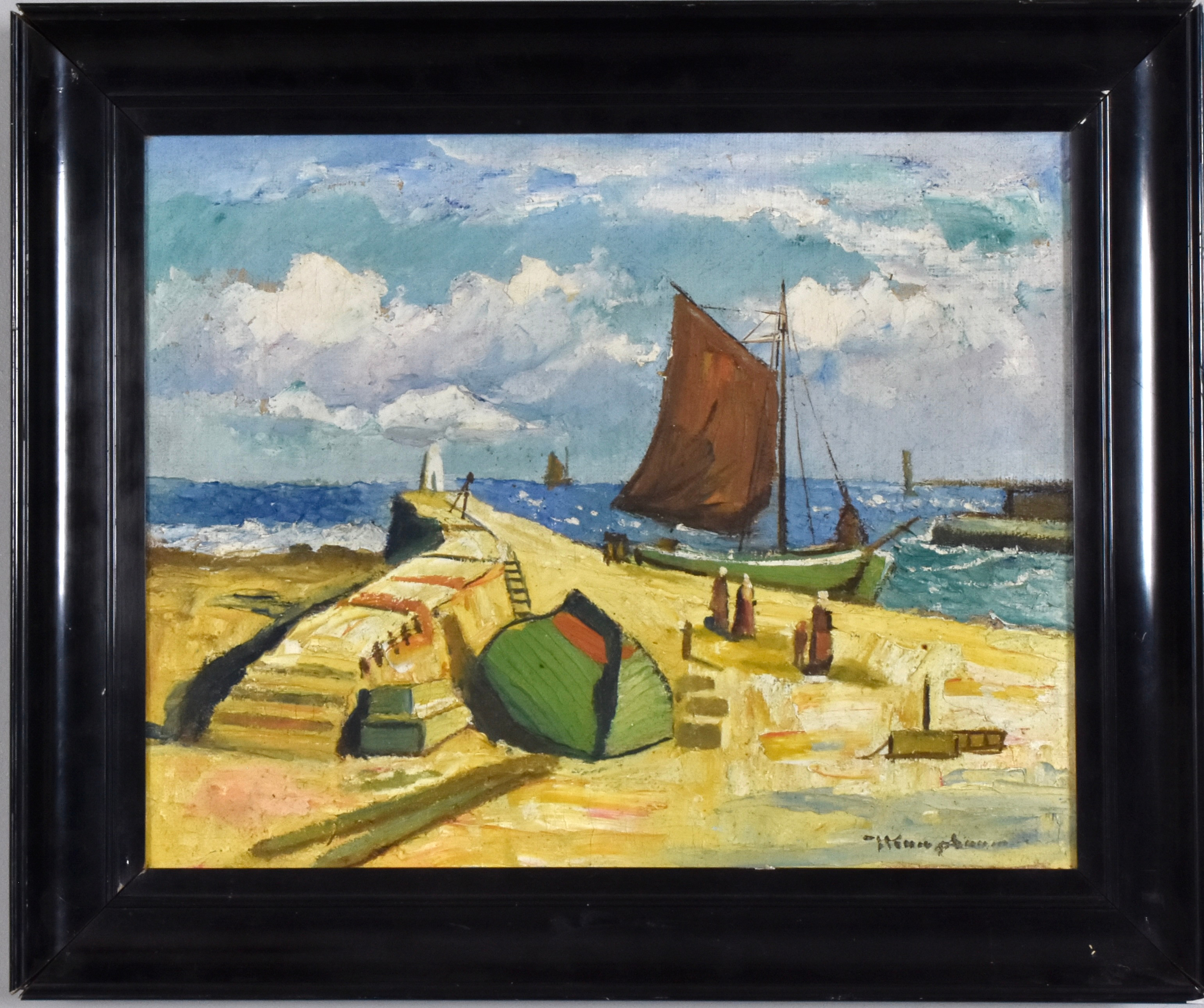 JENS KONGSHAMMER. oljemålning på duk, hamnparti med båtar.